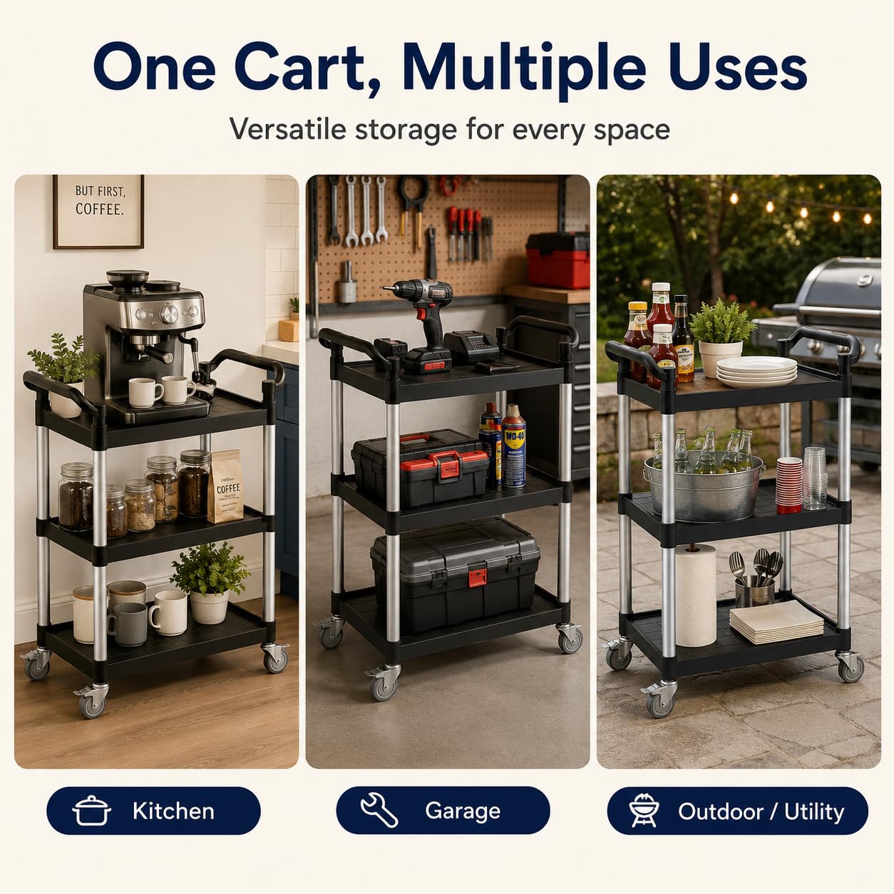 Liboocare 3-Tier Rolling Utility Cart with 2 Locking Brakes, 520 Lbs Heavy Duty 31.5"x15.7"x40.6" Commercial Service Cart, Tangle-Free Silent Wheels for Home, Office, Restaurant, Warehouse, Kitchen