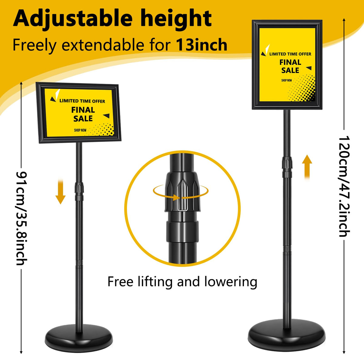 2 Pack Sign Holder Stand 8.5x11 Inch, Adjustable Sign Stand, Floor Standing Sign Holder, Snap-Open Frame Display, 360° Rotation Outdoor Indoor Poster or chalk board Display for advertising,Malls,Black
