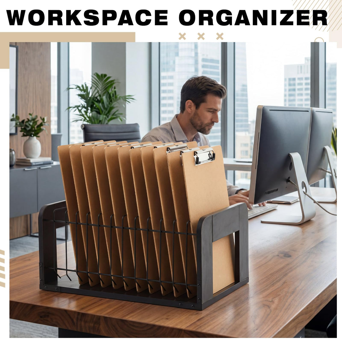 Yookeer 1 Pcs Vertical Clipboard Holder, Desk File Organizer Storage Rack, 12 Slot Wooden and Metal Clipboard Organizer, Storage Stand Rack for Home, Office, No Assembly Required (Black)