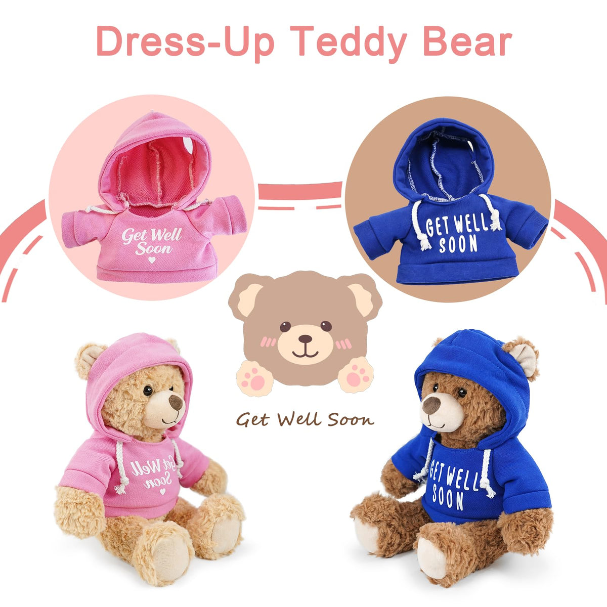 Hideekoog 2 Pcs Classic Teddy Bears Plush Dolls 8.7 Inch Stuffed Bear Animal Set Hoodie-Wearing Bear with Get Well Soon Valentine’s Cozy Bear for Girlfriend Girls Kids Baby Gift (Pink + Blue)
