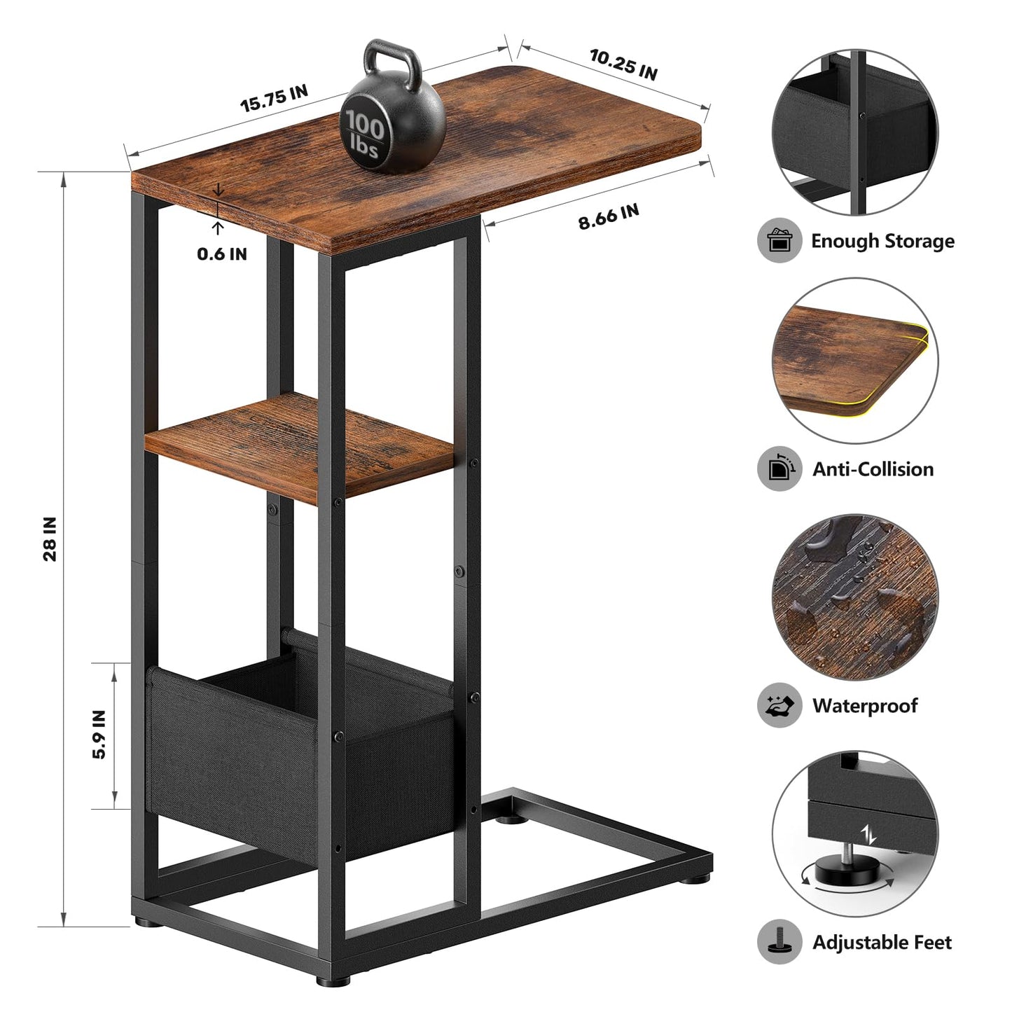 Yuede C Shaped End Table, Small Side Table for Couch, Recliner, Slide Under Sofa Tray Desk Snack Tables with Storage Bag for Living Room,Bedroom, Small Spaces - Rustic Brown