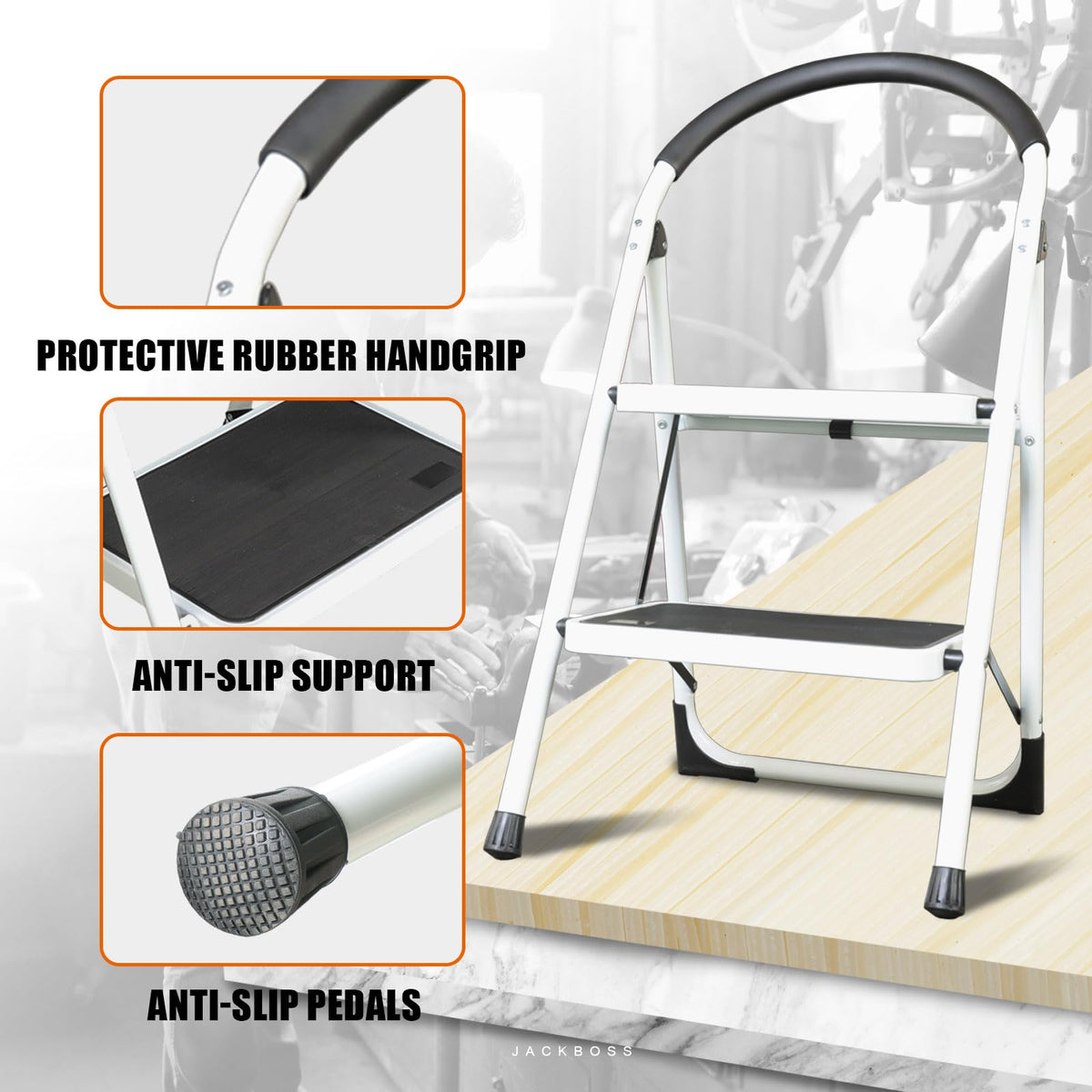 Jack Boss 2 Step Ladder, Folding Lightweight Step Stool with Wide Anti-Slip Pedal for Home, Office, Kitchen and Garage, Service Height 18.5 inch, 400 lbs Capacity