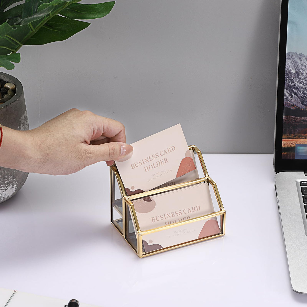 Hipiwe Glass Business Card Holder 2 Slots Gold Business Card Stand Mirrored Base Name Display Holder for Desk Multiple Clear Business Card Holder Display for Office
