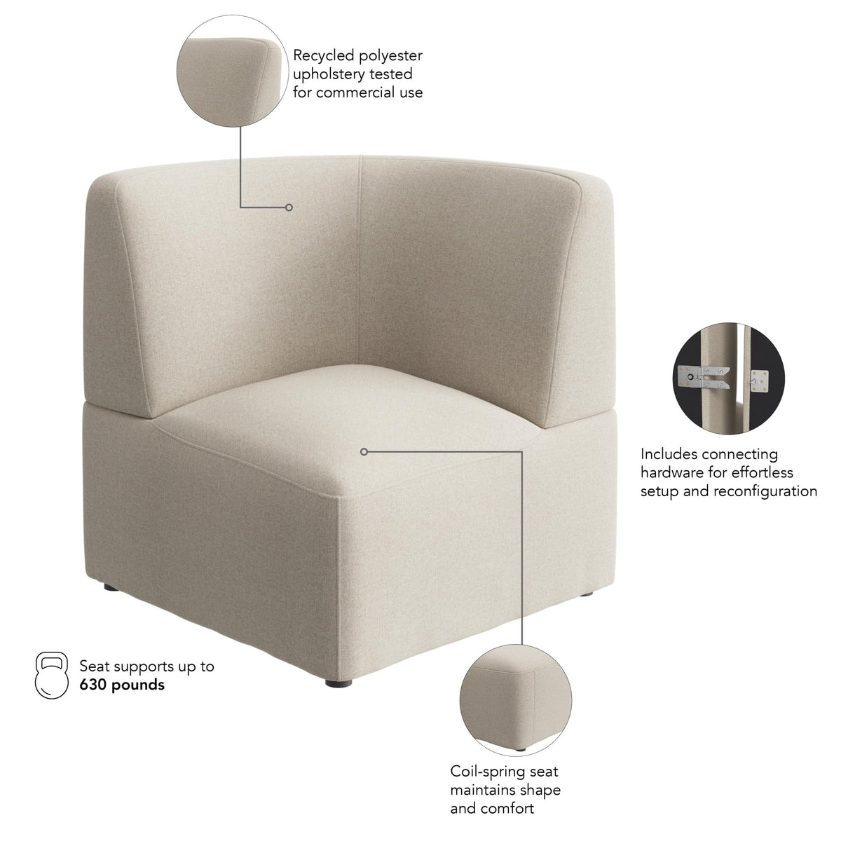 Bush Business Furniture Modular Corner Lounge Chair, Guest Seating for Lobby or Reception Area, Assemble Collection, Oat Fabric