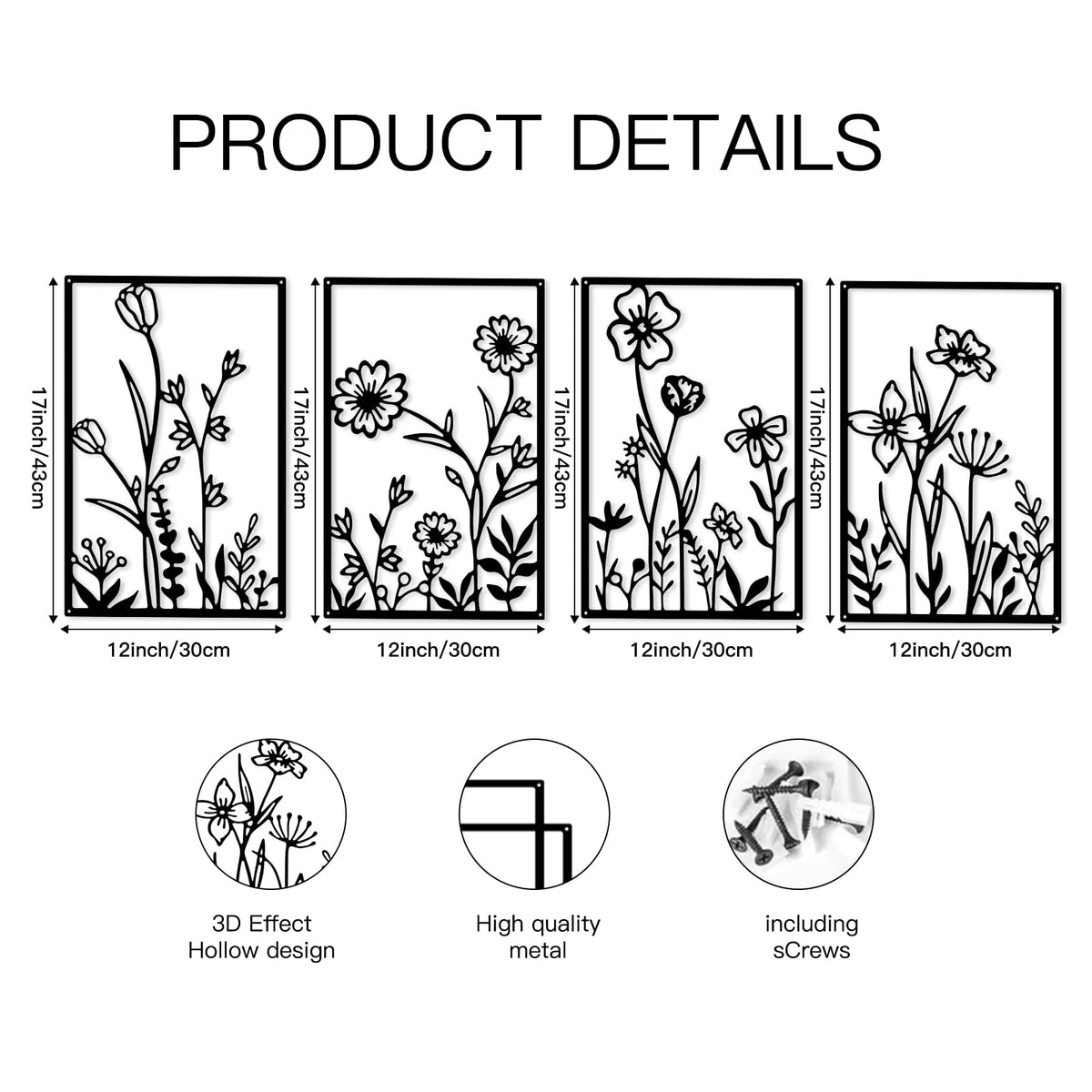 4 Pieces Abstract Black Metal Flowers Wall Sculptures for Home Decor, Contemporary Floral Wall Art Set, Modern Black Line Wall Hanging Decorations for Bedroom Living Room Bathroom,12 x 17 Inches
