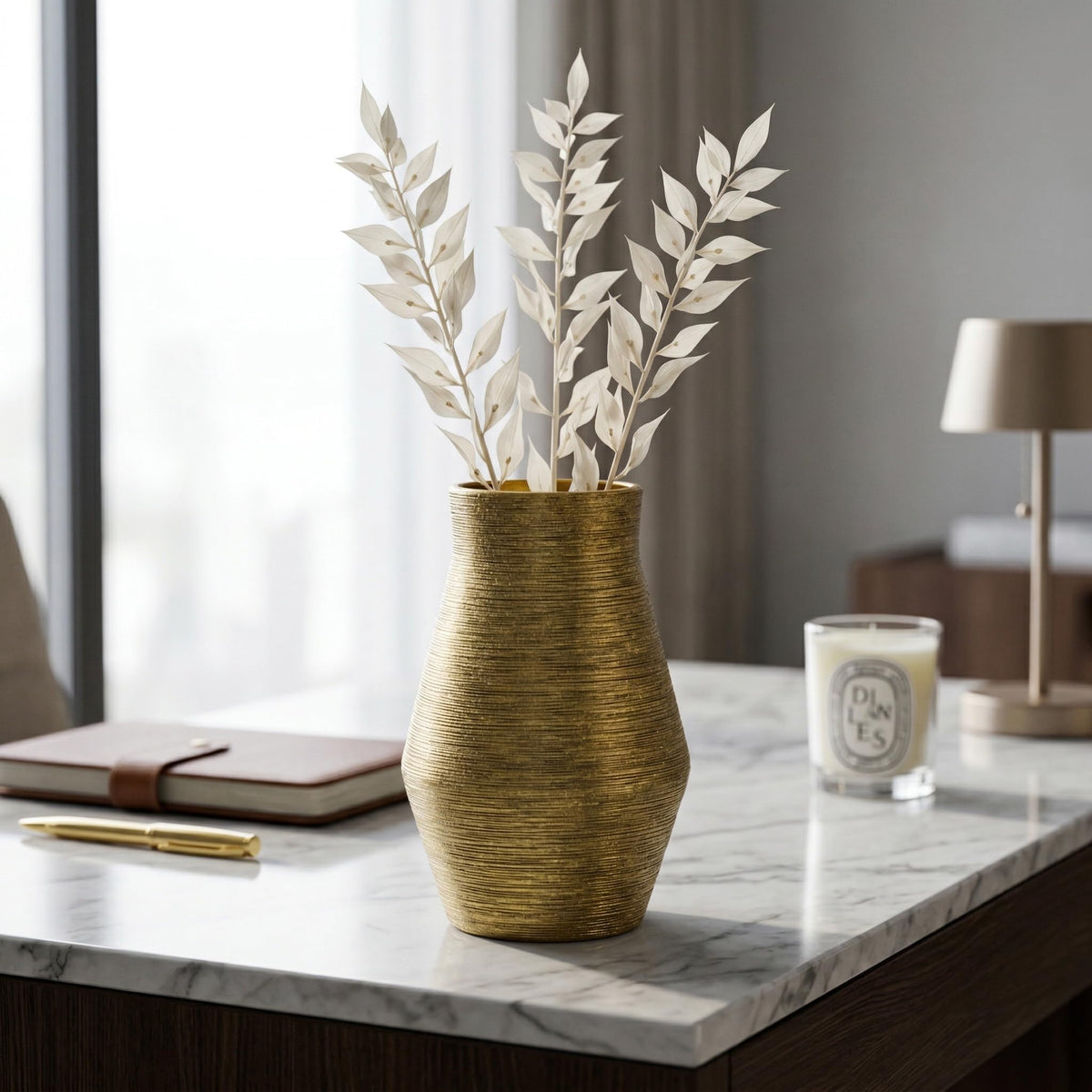 Wancetang Gold Ceramic Vase, 10 Inch Modern Pottery Vases for Centerpieces, Decorative Textured Flower Vase for Living Room, Easter Table, Dining Table, Fireplace Mantel Decor