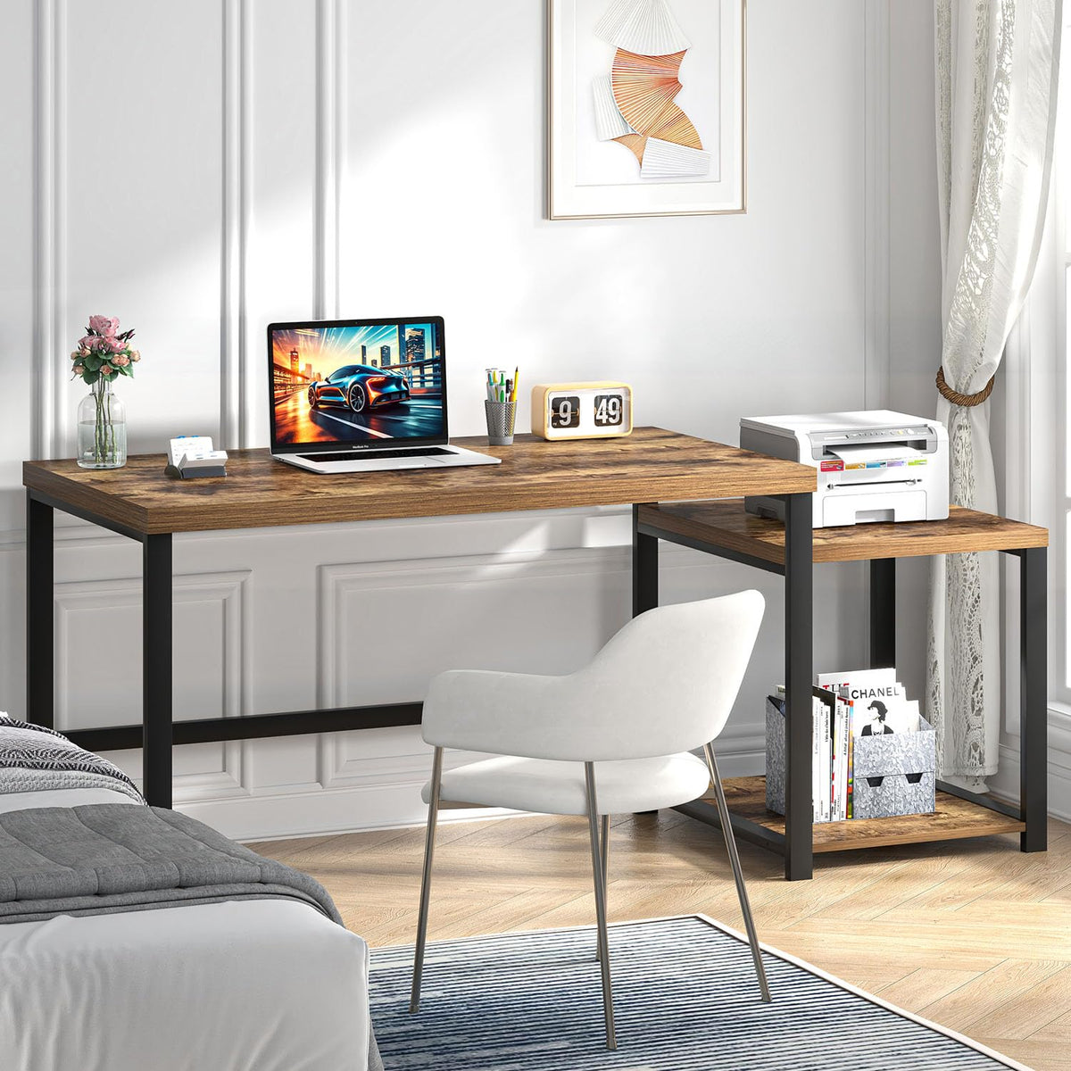 FOLUBAN Large Computer Desk for Home Office with Printer Space, Wood Study Gaming Workstation Table with Storage Shelves, Long Writing Desk for Bedroom Living Room, Rustic Brown, 63 Inch