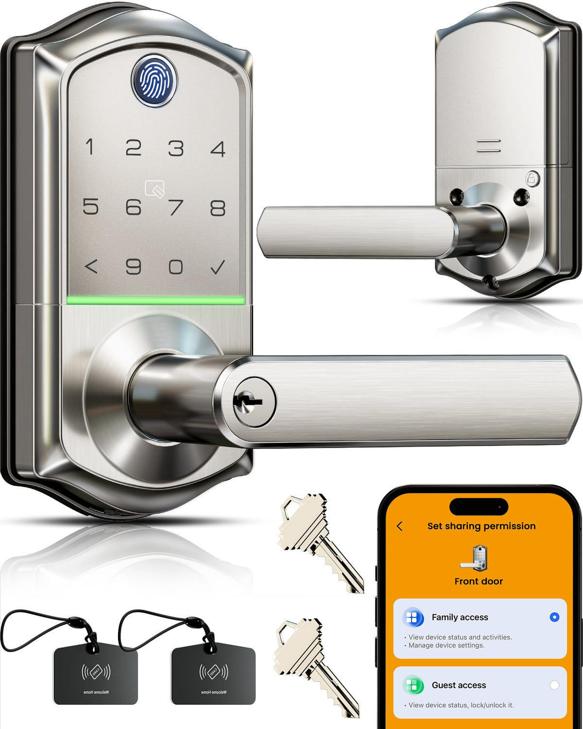 Veise VE019 Fingerprint Smart Lever Lock, App Control, Keyless Entry Door Lock with Handle, Touchscreen Keypad Knob for Front Door and Bedroom, Remote Access Sharing, IP55 Waterproof, Satin Nickel