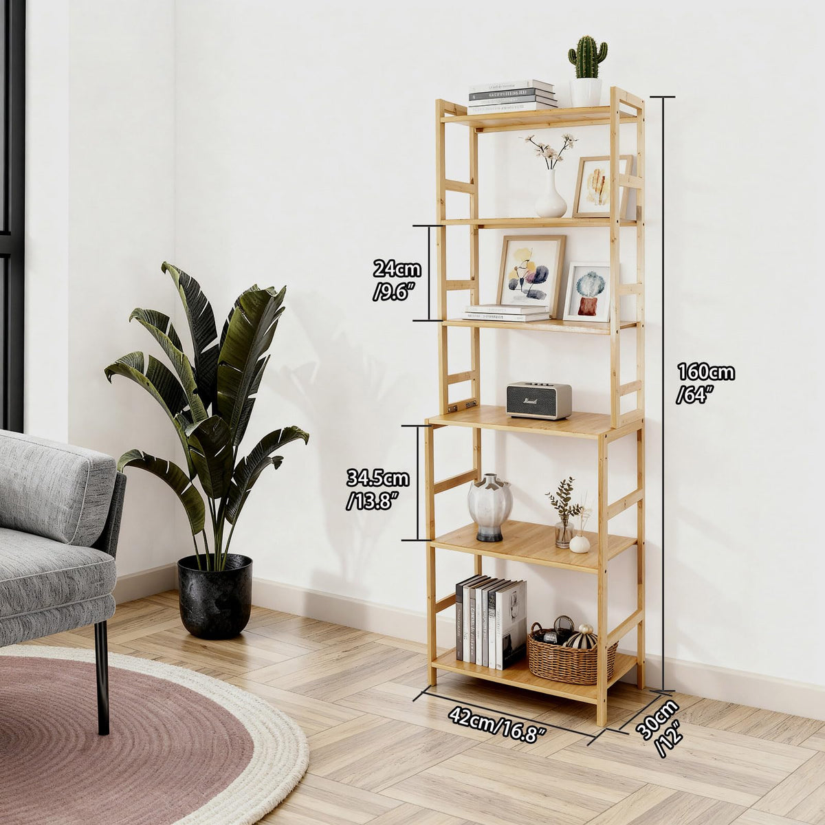 EIUTQRU Bamboo Living Room Bookcases, 6 Tier Standing Ladder Shelf Bookshelf, Multifunctional Narrow Shelving Unit Storage Rack for Garage, kitchen, Office, Bookroom, Corner, 42 x 30 x 160 cm