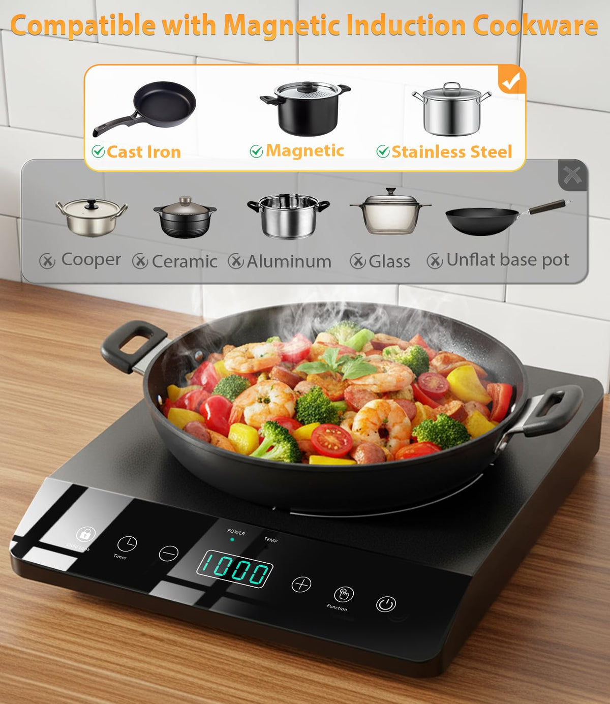 JollyOne Single Burner Induction Cooktop, ETL-Certified 1800W Portable Induction Cooktop Large 8 inch Heating Coil, 12 Temp Settings up to 465℉ Electric Stove Hot Plate with 3 Hour Timer, Safety Lock