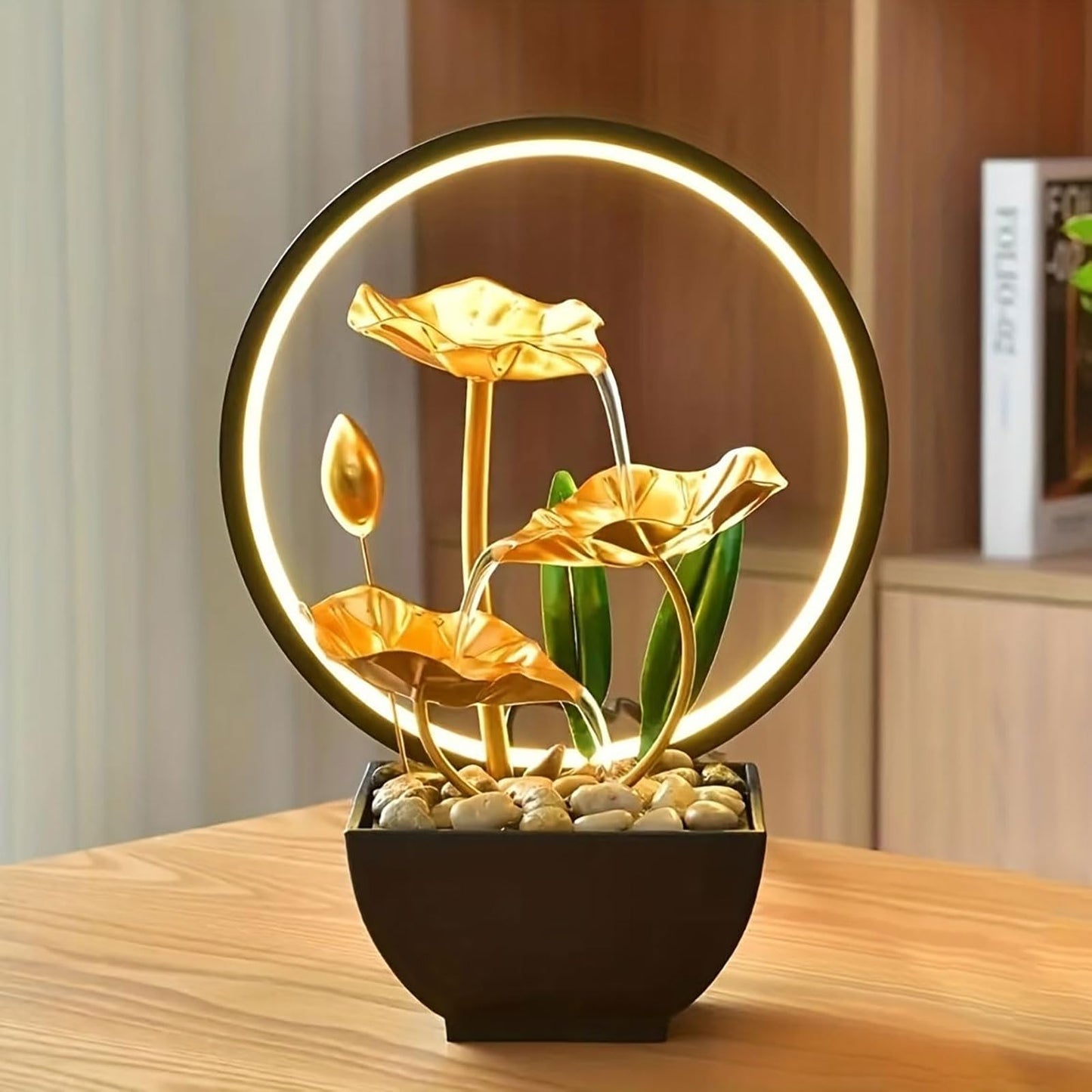 Huazzzyi Tabletop Fountain with Led Light, 11 in Gold Lotus Table Top Water Fountain Indoor USB Powered Zen Desk Waterfall Fountain with 1 Replacement Water Pump