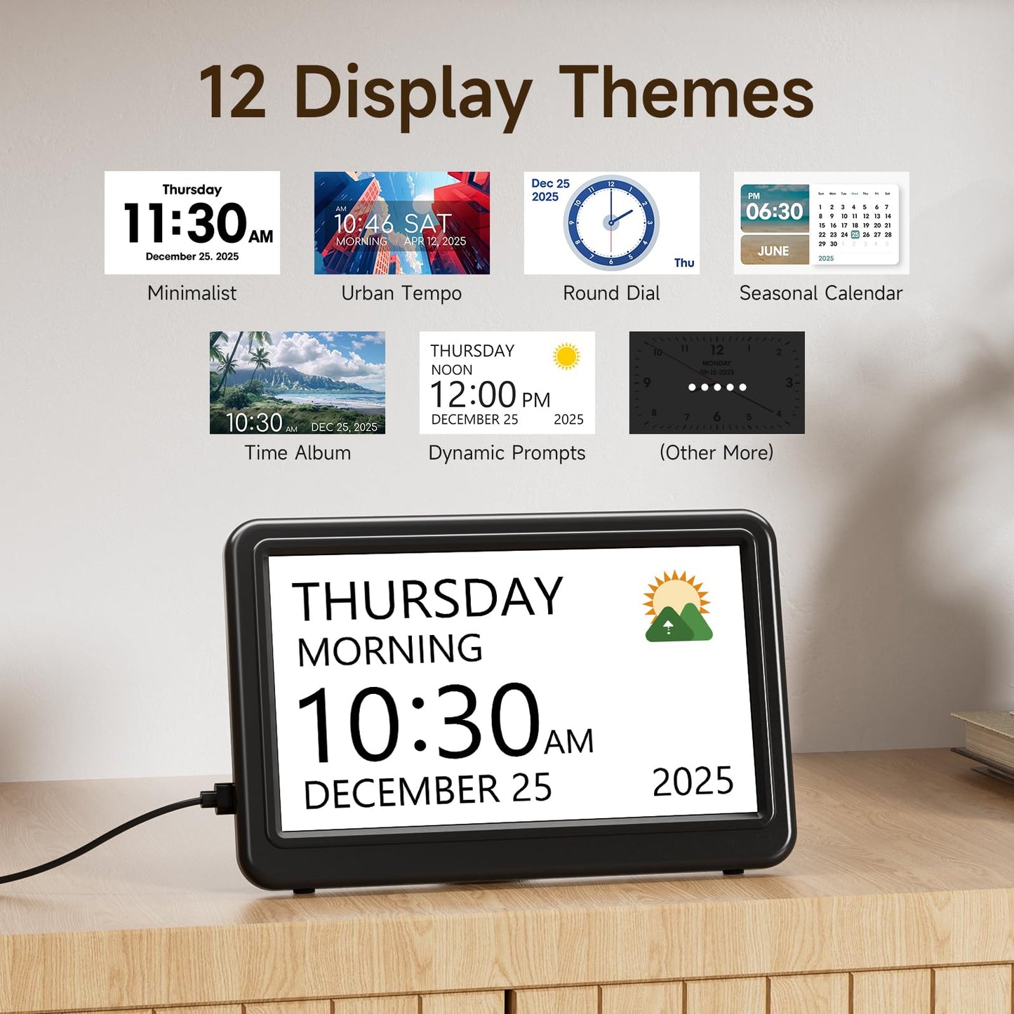 Raynic Date Clock, Digital Clock with 12 Themes, 20 Alarms, 20 Reminders, Semi-Automatic Dimming, 12/24 Hours, Auto DST Clock for Seniors Desktop, Office, Students (Black, 7 Inches)