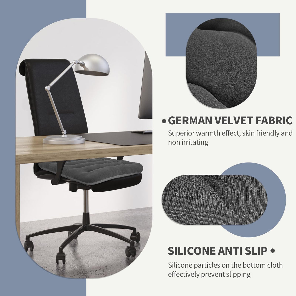 BUYUE Good Support Office Chair Cushion Padded, Soft Velvet Comfortable Non-Slip Seat Cushion for Computer Desk Kitchen Chair (1 Count, Gray)