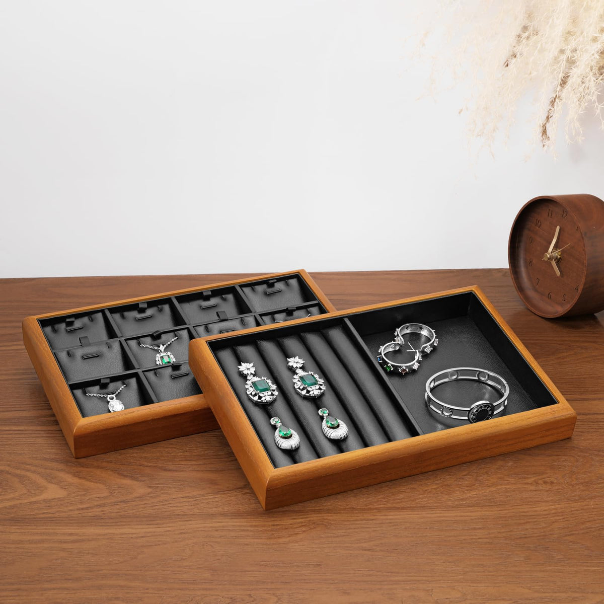 Oirlv Solid Wood Stackable Jewelry Organizer Tray Jewelry Drawer Organizer(Black)
