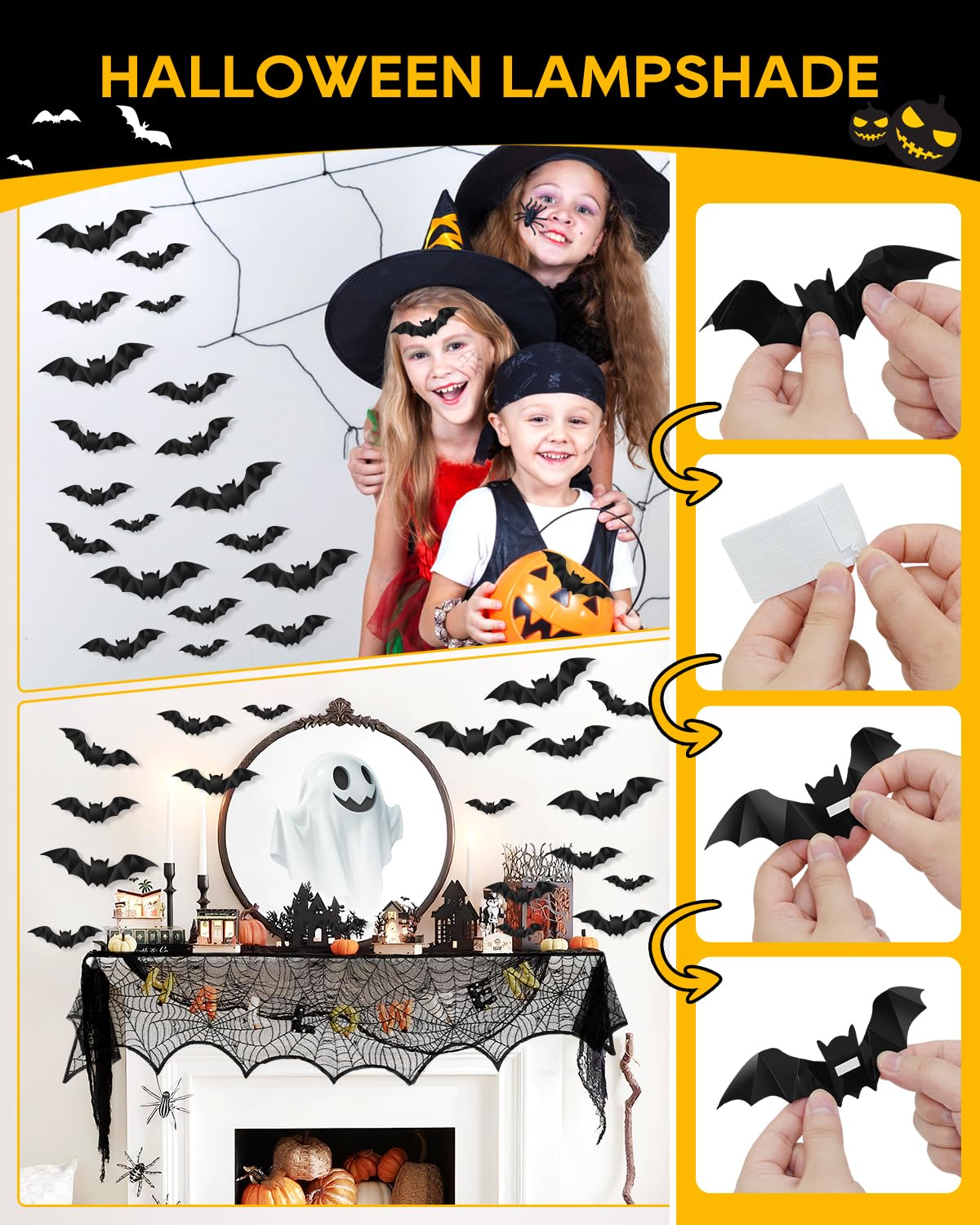 eZAKKA 5 Pack Halloween Decorations Indoor Halloween Spider Web Tablecloth Table Runners Fireplace Mantel Scarf Cobweb Lampshade Scary 3D Bats for Parties Gothic Spooky Home Decoration