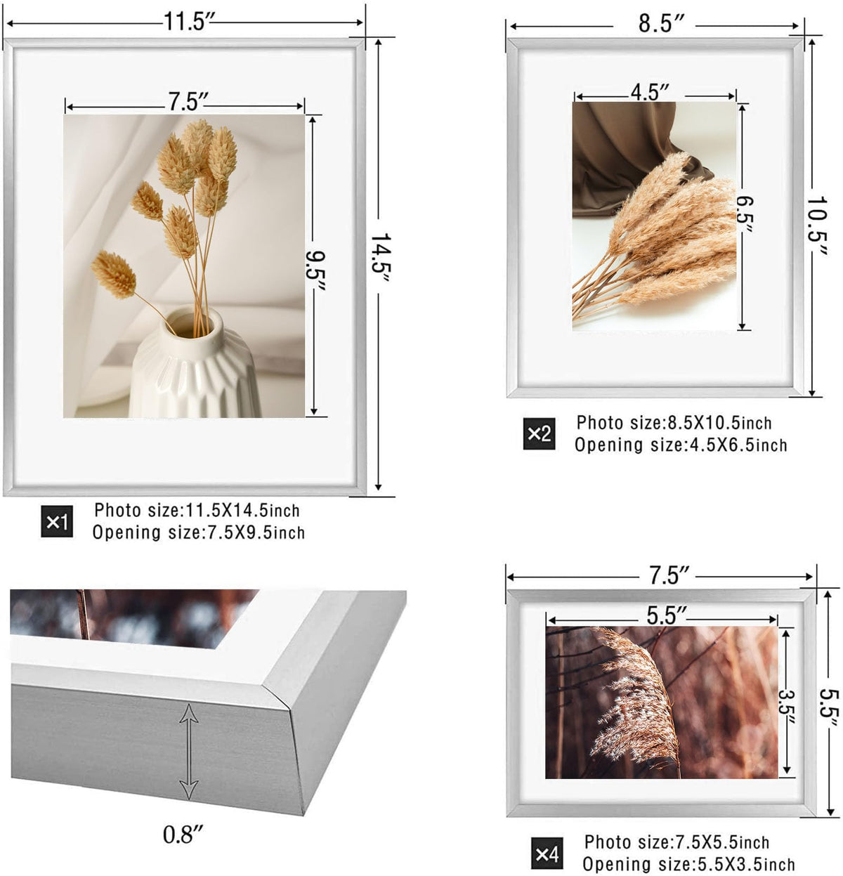 Golden State Art, Aluminum Gallery Wall Frame Set of 7 - Includes One 11x14, Two 8x10, and Four 5x7 - Metal Frames with Mat & Real Glass Cover for Elegant Home or Office Decor (Style 2, Silver)