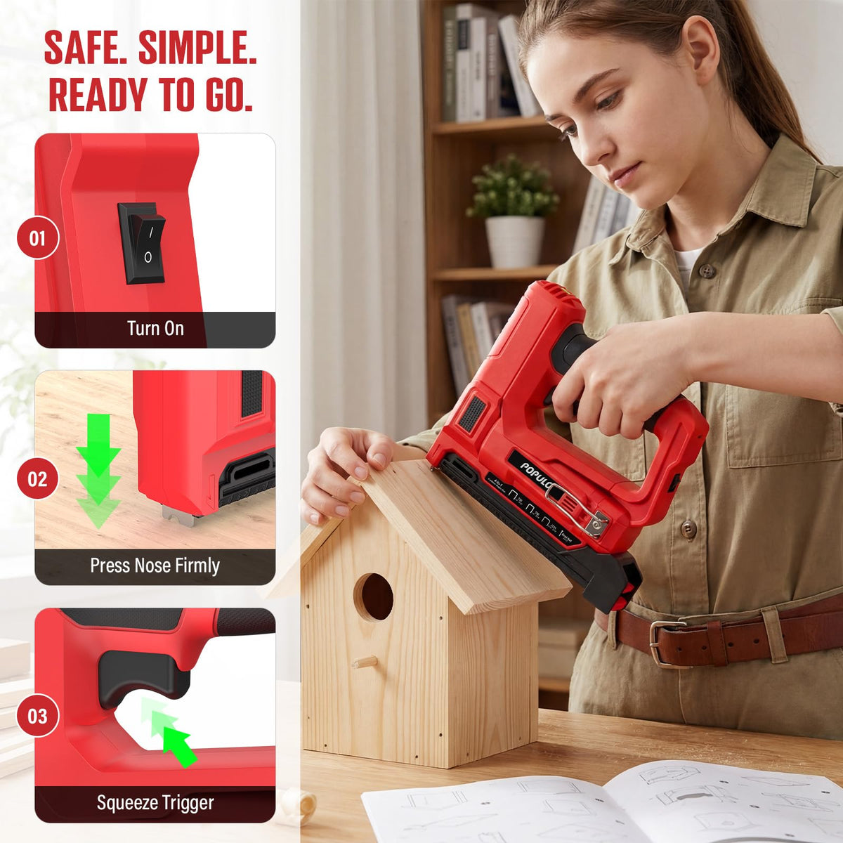 POPULO Electric Staple Gun 4 in 1 Cordless Stapler, 4V Rechargeable Band Nailer, Nail Gun Battery Powered with 2,000 Staples and Nails, Power Tacker Staple Gun for Wood, Upholstery, DIY