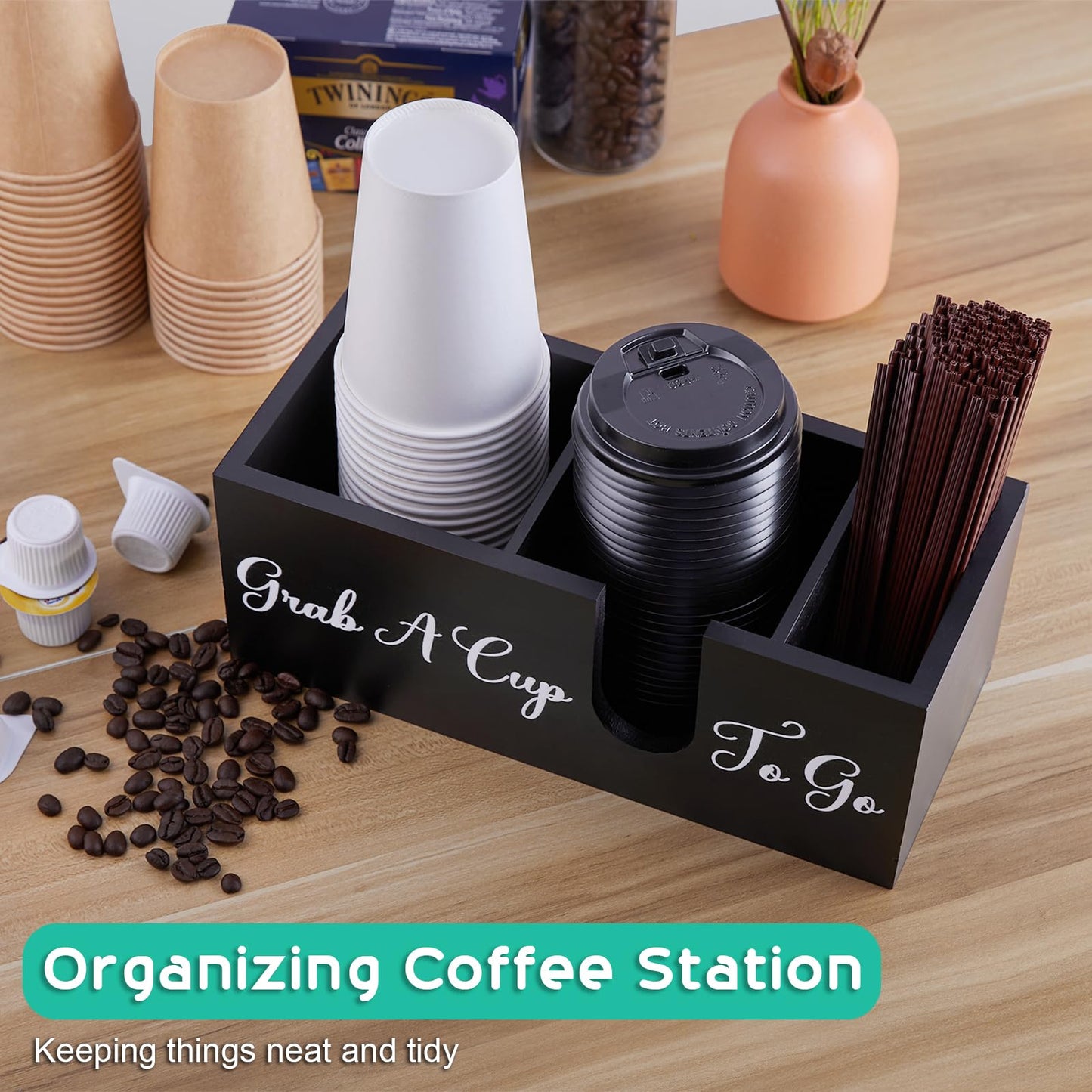 ALELION Coffee Cup Holder for Countertop - Wood Coffee Bar Accessories and Organizer - Coffe Station Organizer for Cup Lid Stirrers Pod