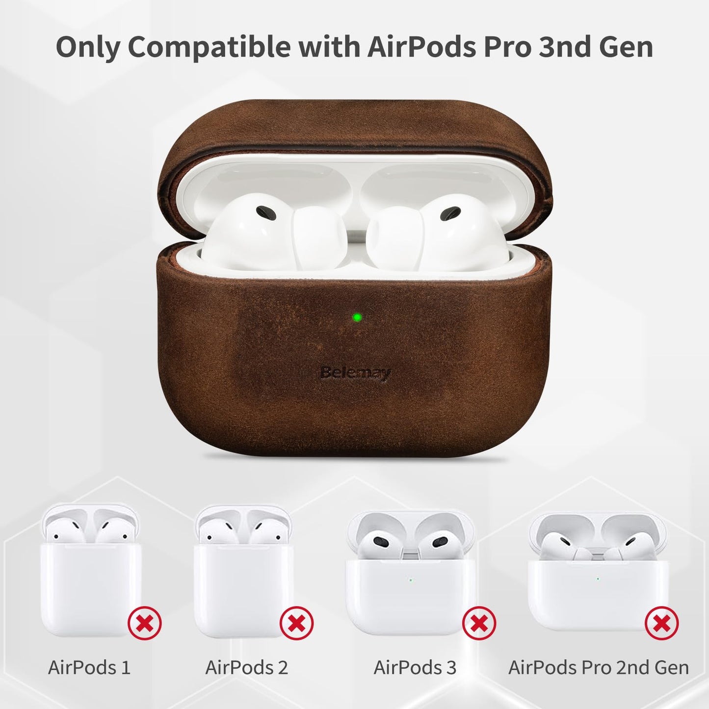 Belemay Handcrafted Crazy Horse Leather Case for AirPods Pro 3rd Gen (2025), Vintage Aesthetic, Two-Tone Effect, Unique Patina, Compatible with MagSafe, Compatible with Airpods Pro 3, Rustic Brown