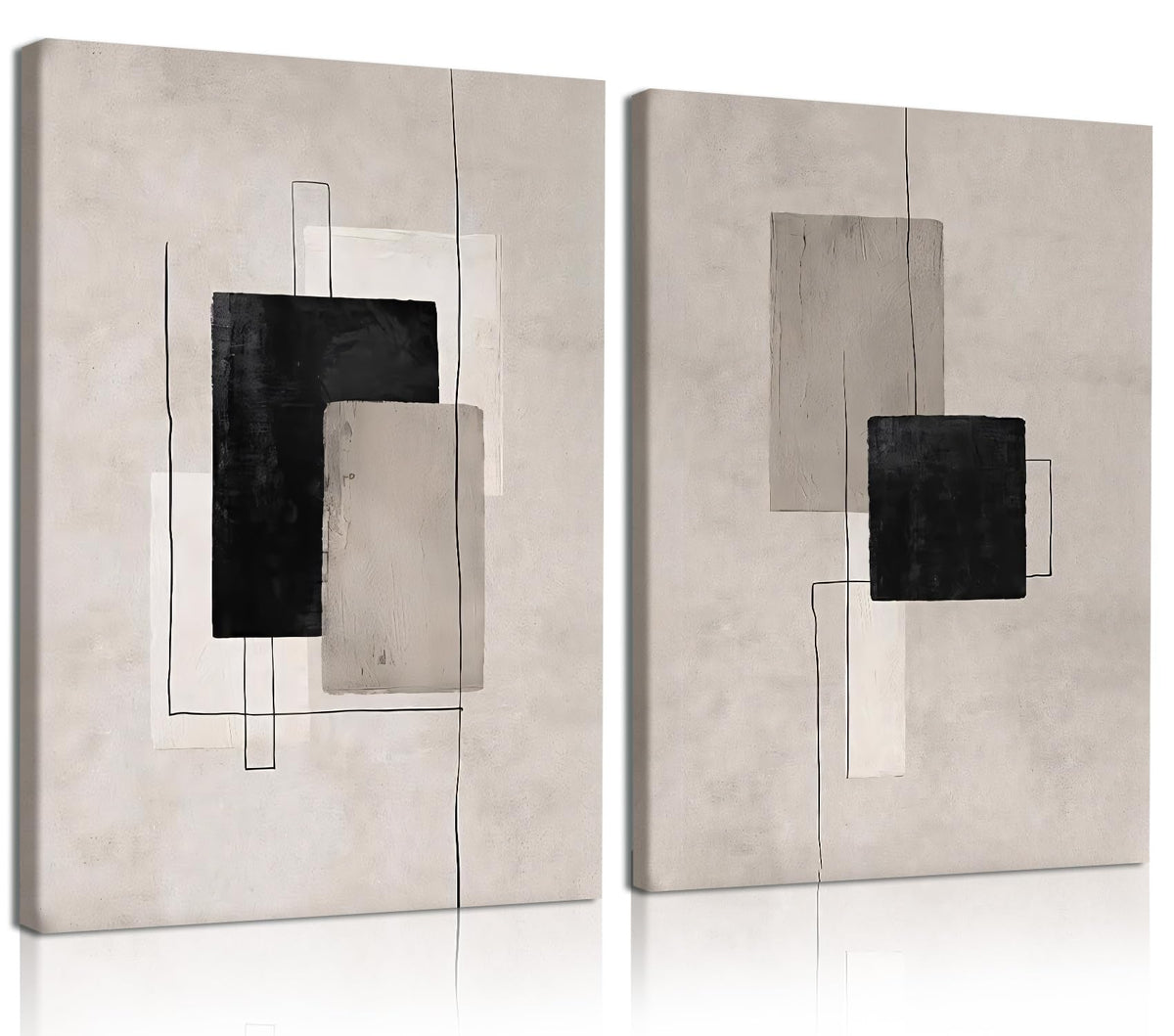 Kdyudo 2 Pcs Large Minimalist Block Line Canvas Framed Wall Art Neutral Abstract Print Poster Wall Decor Black Beige And Brown Geometric Square Line Painting Pictures Living Room Bedroom 12x16 Inch