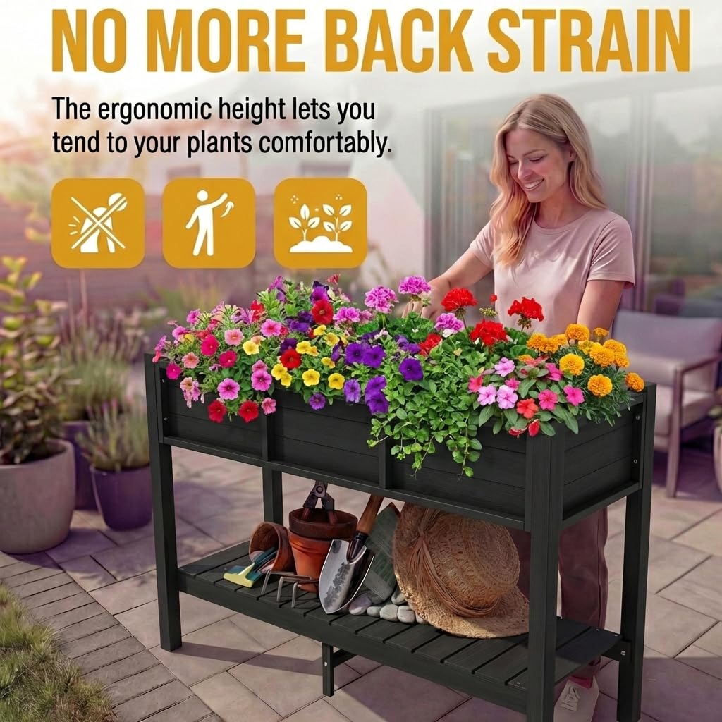 DWVO 48x18x30in Raised Garden Bed Kit, HDPE Planter Box Stand, Poly Wood Weather-Resistant Planter Box with Legs & Storage Shelf, Elevated Garden Bed for Backyard, Patio, Balcony,Black