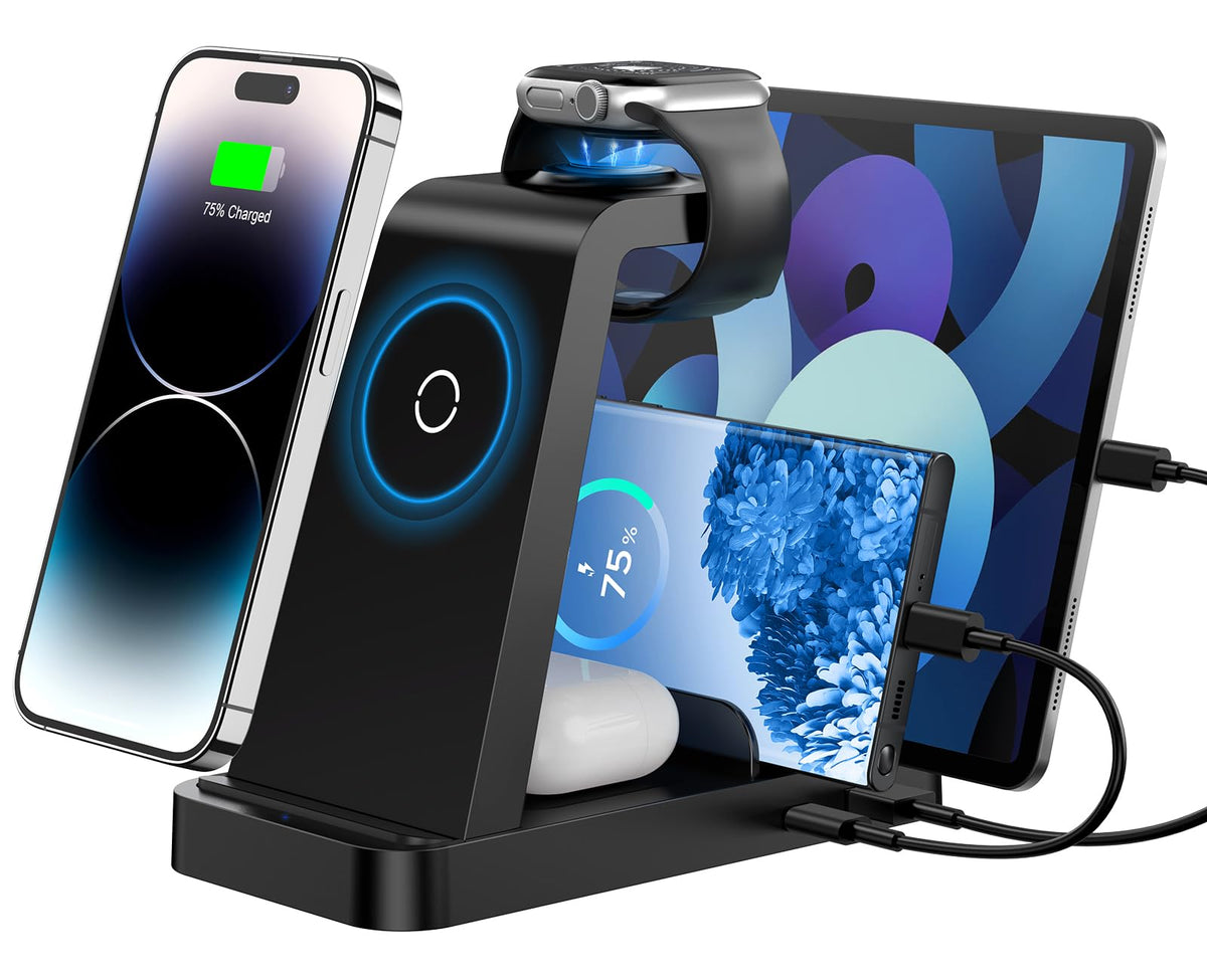 Wireless Charger for iPhone - 5 in 1 Charging Station for Multiple Devices Apple: Fast Wireless Charging Stand Dock for iPhone 17 16e 16 15 14 13 12 Pro Max Apple Watch Airpods