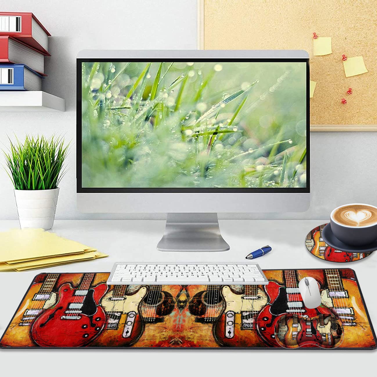 Extended Gaming Mouse Pad Desk Pad Keyboard Pad, Mouse Wrist Rest and Coaster, Anti-Slip Rubber Base Mouse Pad, Suitable for Gaming and Office, Guitar