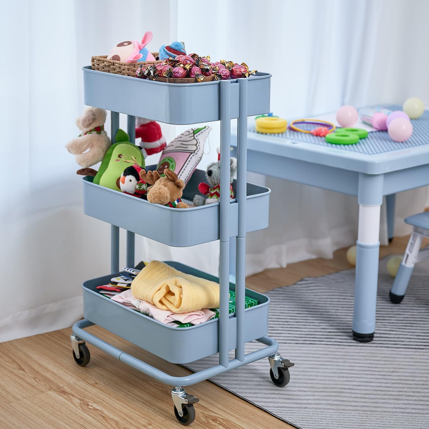 CARTTECH 3 Tier Rolling Cart Metal Heavy Duty Utility Cart with Silent Caster Lockable Wheels Multi-Functional Organization Carts Storage Trolley with Mesh Shelves for Office Kitchen Living Room Blue
