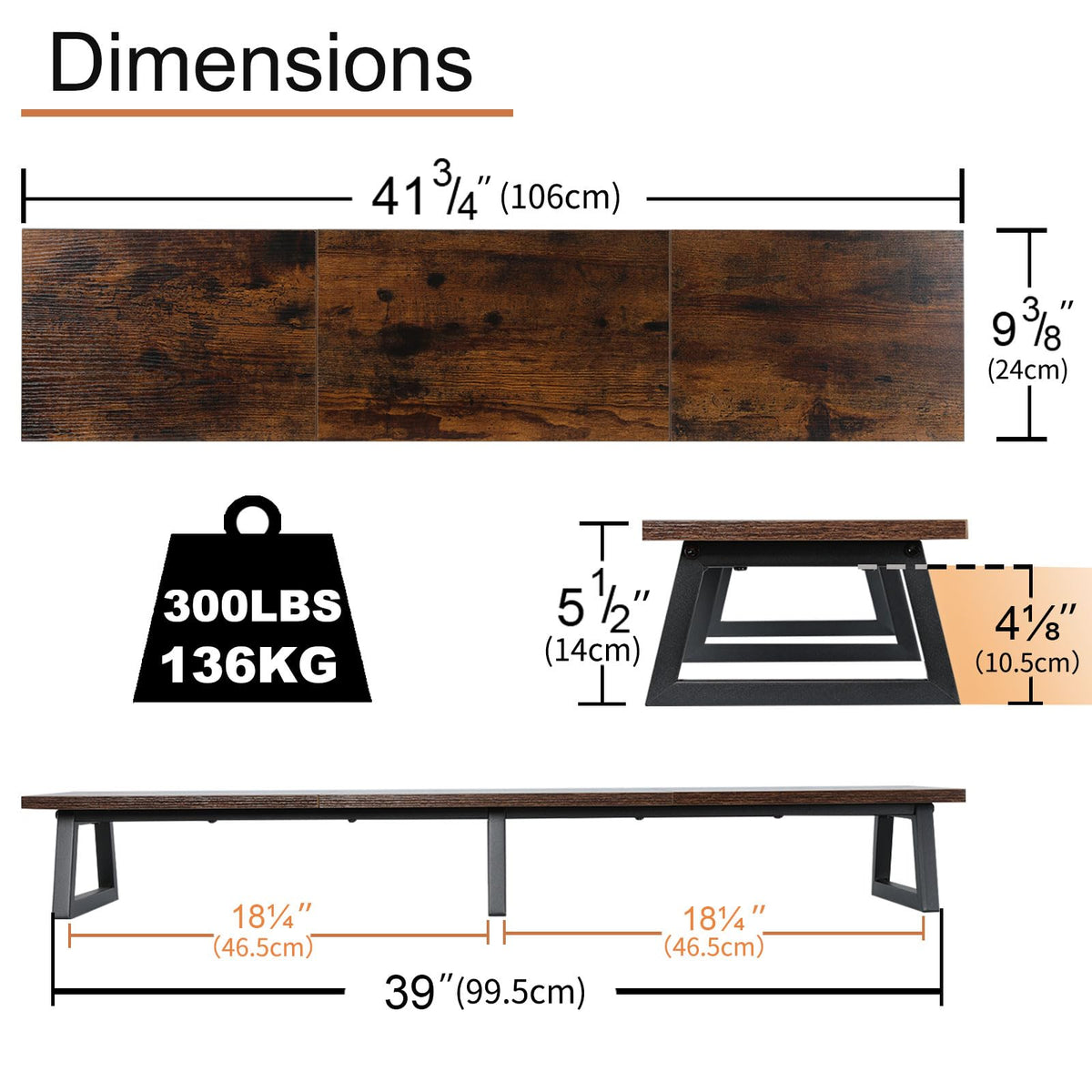 TEAMIX 42 inch Large [Dual] [Monitor] [Riser],Rustic Brown Extra Long TV [Stand Wood & Steel Desktop [Riser] with Storage for [Dual] Screen Office Desk Organization