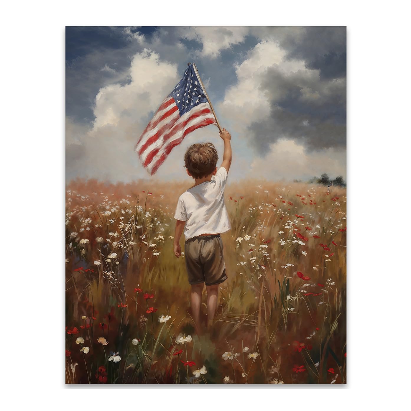 America the Beautiful Painting-11x14 Unframed Poster- Boy Holding American Flag in Meadow of Wildflowers, 4th of July Living Room or Kids Room Decor, USA Freedom Landscape, Youthful Patriotism Artwork