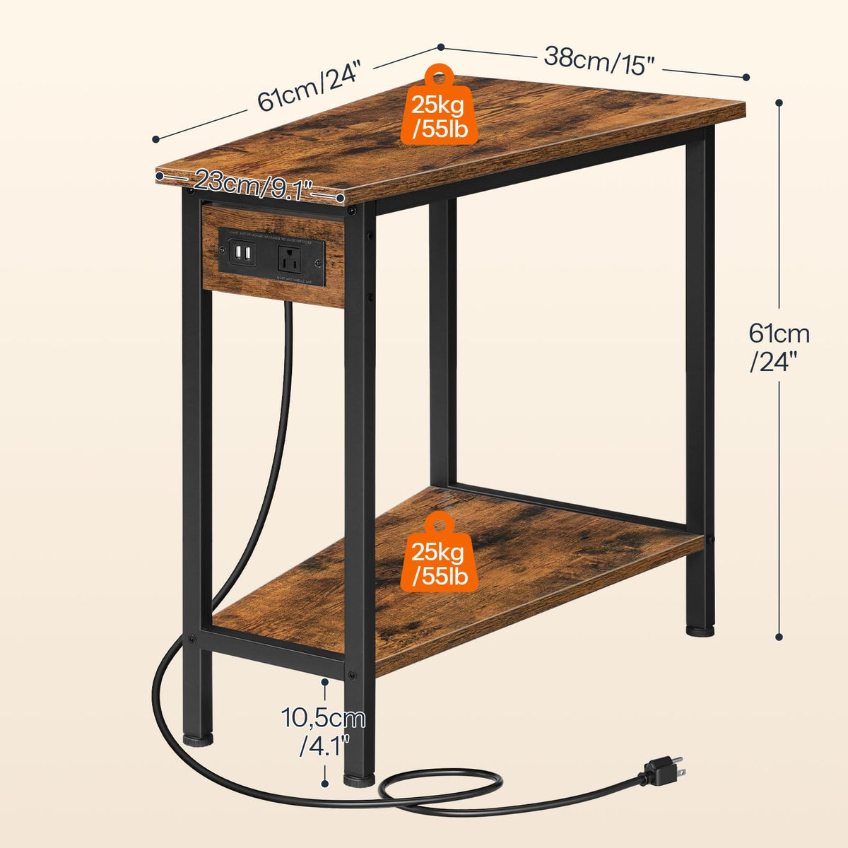 HOOBRO Wedge End Table with Charging Station, Recliner Wedge Side Table with Open Storage Shelves, Industrial Triangle Accent Table for Small Spaces, Corner, Living Room, Rustic Brown BF64UBZ01G1