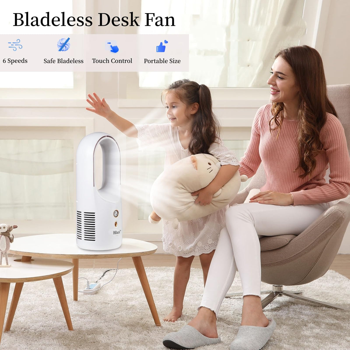 Hiluce Desk Fan Bladeless,6 Speeds 11.8 Inch Portable Office Fan, Battery USB Fans,Easy to Clean, Small Quiet Table Fan for Personal Bedroom Home Office Desktop, White