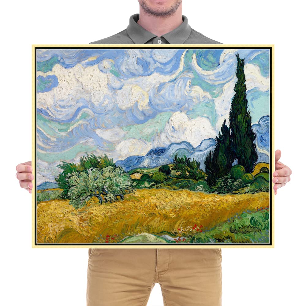 Wieco Art Framed Canvas Art Wheat Field with Cypresses by Van Gogh Impressionist Landscape oil Paintings Canvas Prints Artwork Wall Art for Living Room Home Office Decorations