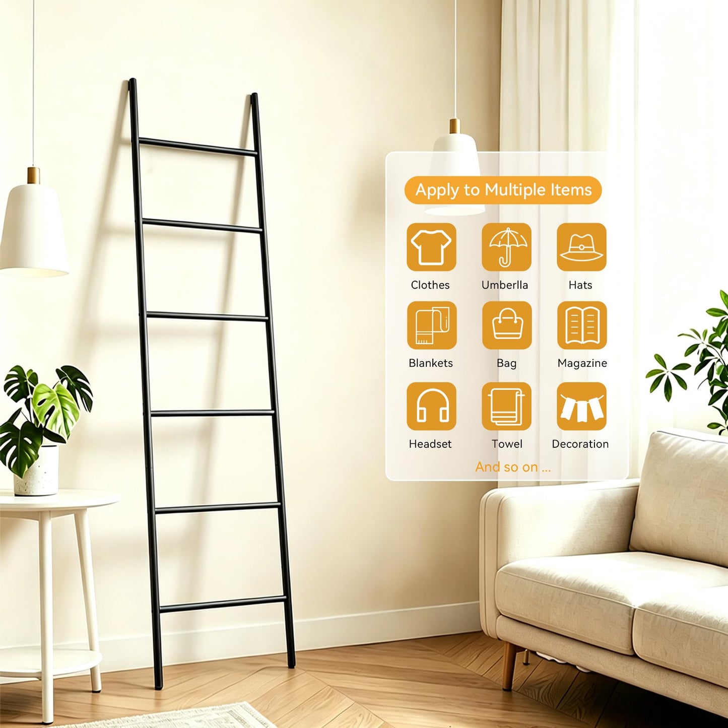 6-Tier Blanket Ladder 68 Inch Wall-Leaning Towel Rack for Living Room and Bedroom, Easy Assembly - Black