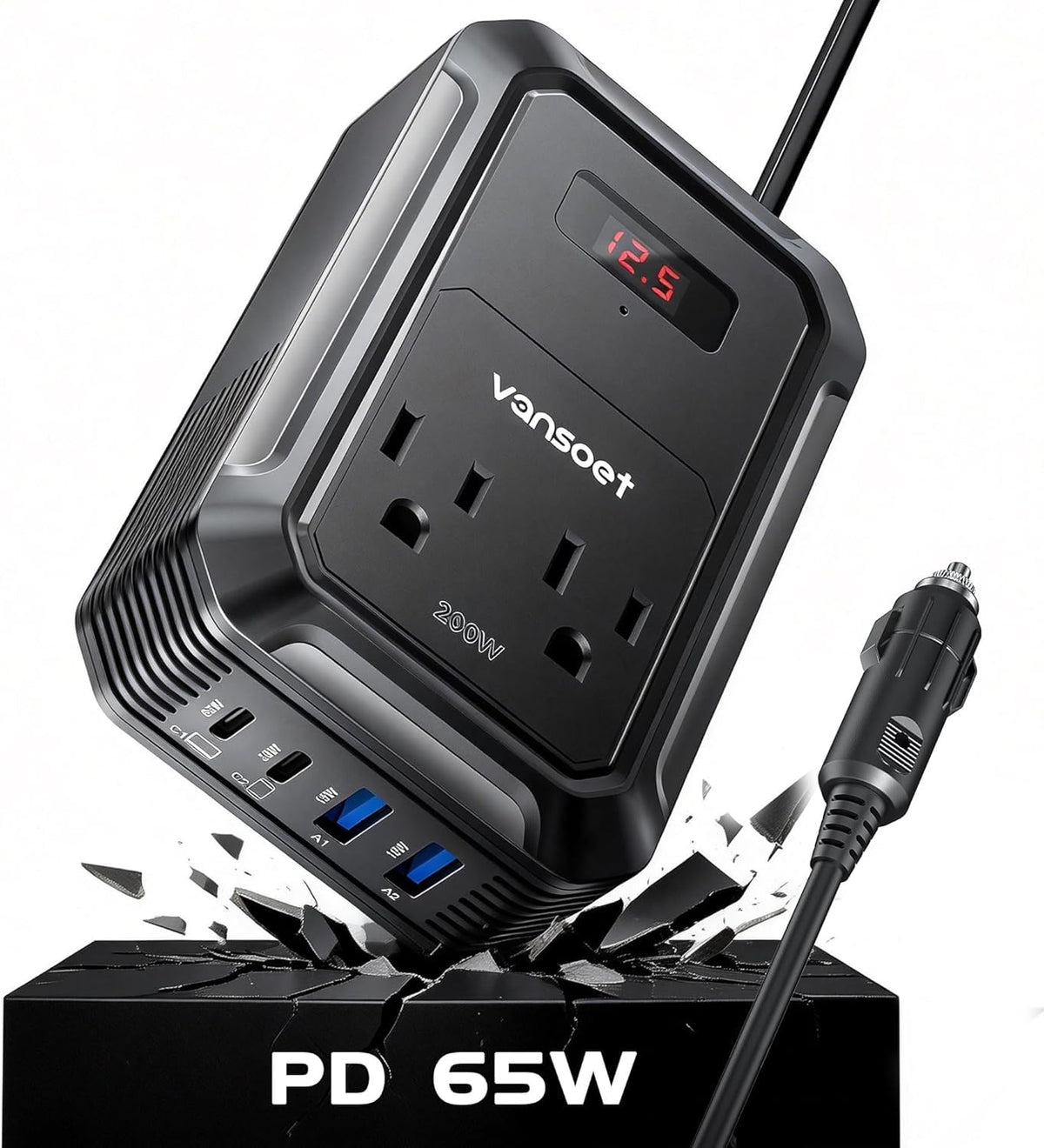 200W Car Power Inverter DC 12V to 110V AC Inverter with PD 65W/30W USB C & 2 QC 18W USB Ports & 2 AC Outlets,Car Pluɡ Adapter Outlet for Laptop/Phone/Road Trip