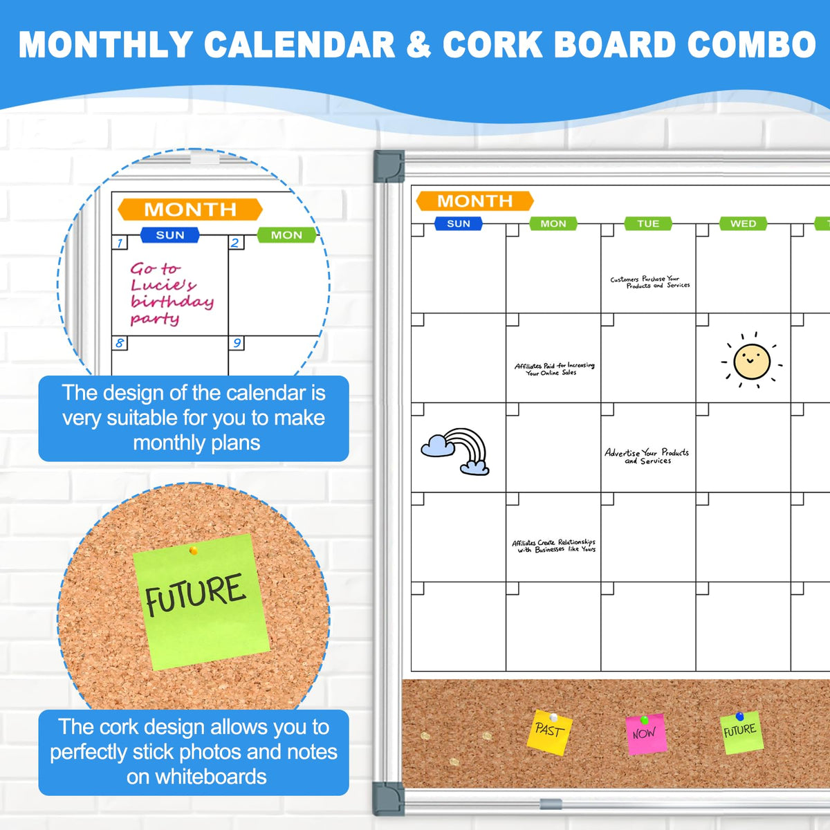CALENBO Calendar Whiteboard Corkboard Combination for Wall, Double-Sided 24" x 18" Monthly Whiteboard Calendar and Dry Erase Board for Office, Kitchen, Planning, Memo, School, Home