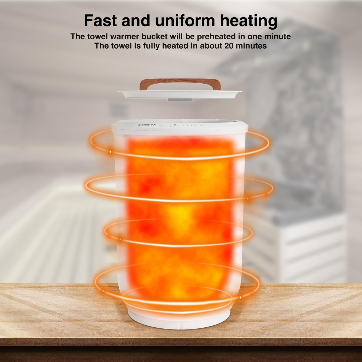 SAMEAT Heated Towel Warmers for Bathroom - Large Towel Warmer Bucket, Wood Handle, Auto Shut Off, Fits Up to Two 40"X70" Oversized Towels, White