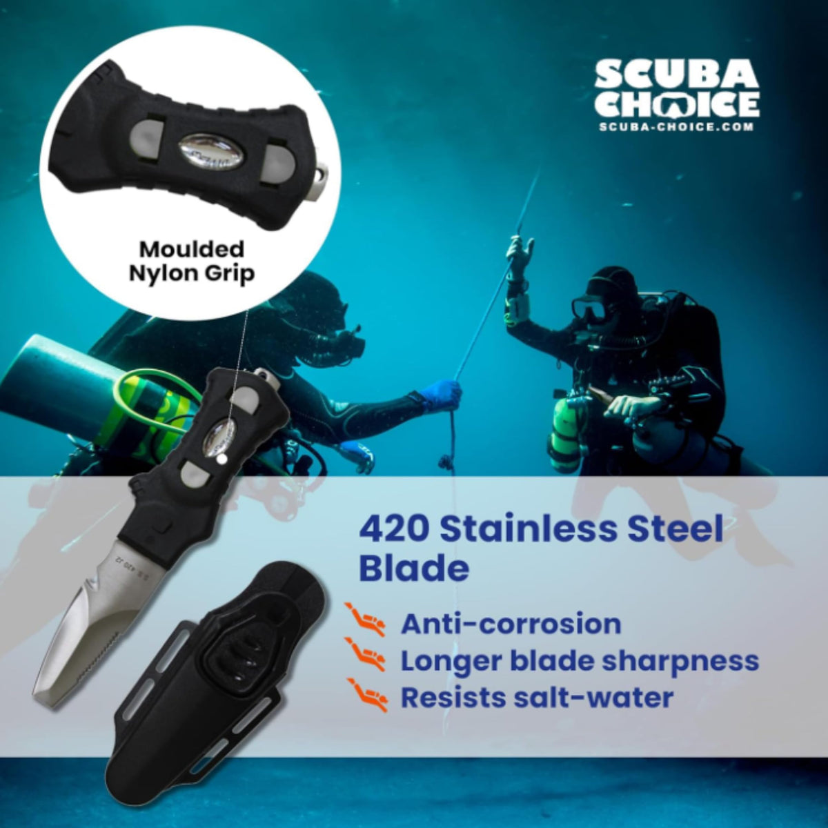 Scuba Choice Compact Stainless Steel Blunt Tip Dive Knife - 2.3" Plain Edge Blade with Ergonomic Nylon Handle, Durable for Scuba Diving, Snorkeling & Water Sports - Black/Silver