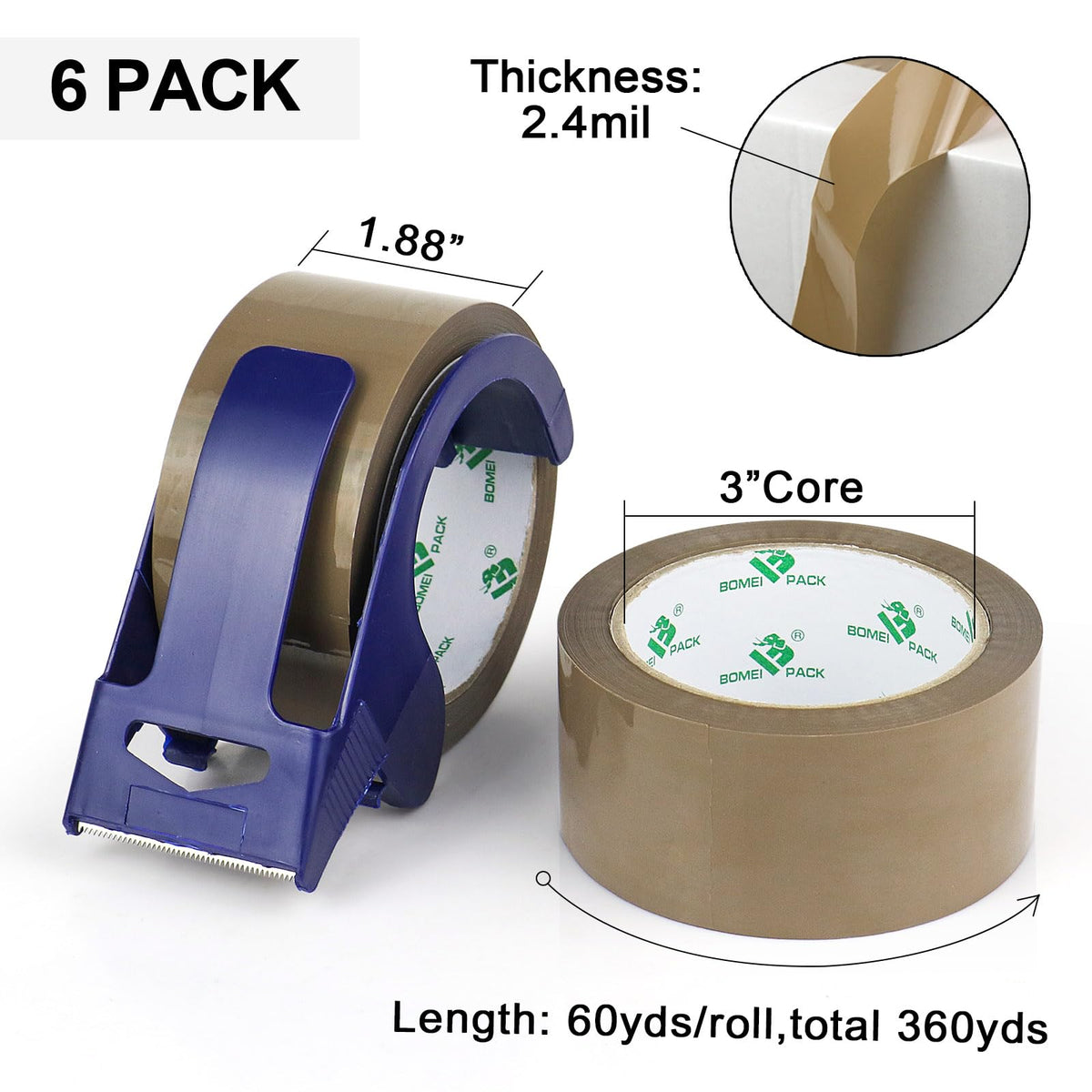 BOMEI PACK 6 Rolls Silent Brown Packing Tape, 1.88" x 60 yds,Heavy Duty Packaging Carton Tape for Shipping Packaing Moving Sealing, 2.4mil Thickness, 60 Yards Per Roll with Blue Dispenser
