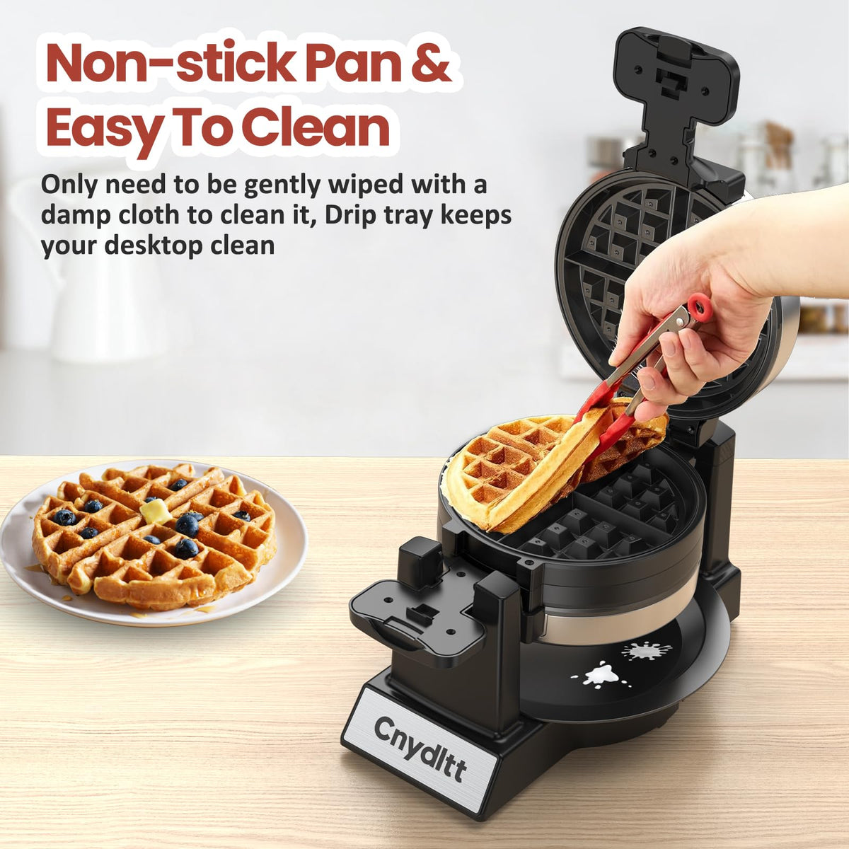 Cnydltt Double Waffle Maker, 1400W Rotating Belgian Waffle Iron with Nonstick Plates, 180° Flip, 8-Slice, Removable Drip Tray, Locking Lid & Cool Touch Handles, Stainless, Black