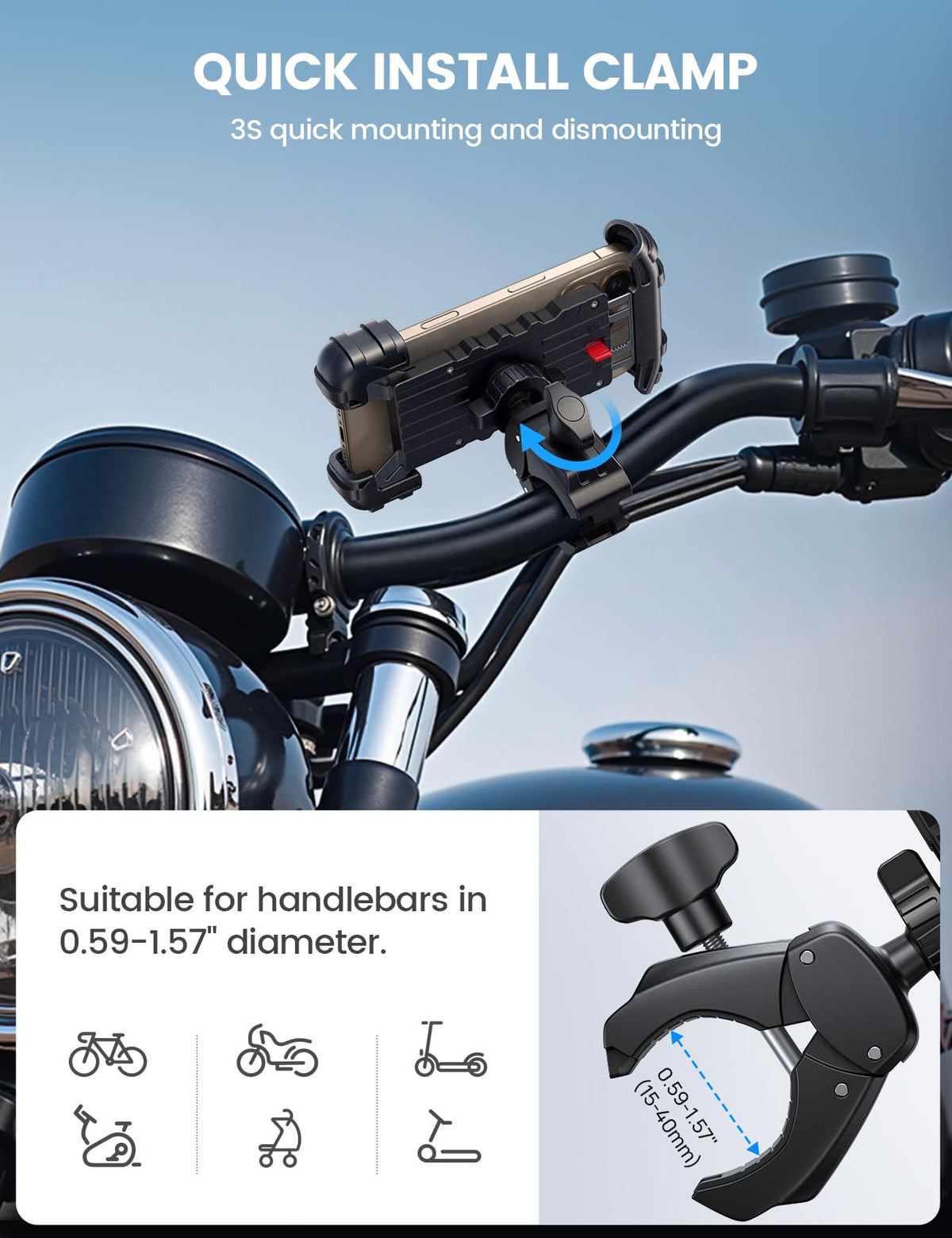 Lamicall Bike Phone Holder Mount - [Lockable & Rotating] Motorcycle Handlebar Phone Mount Clamp, Gifts, E-Bike, ATV Scooter Phone Clip for iPhone Air 17 16 15 14 Pro Max Plus, S20, 4.7-6.8" Cellphone