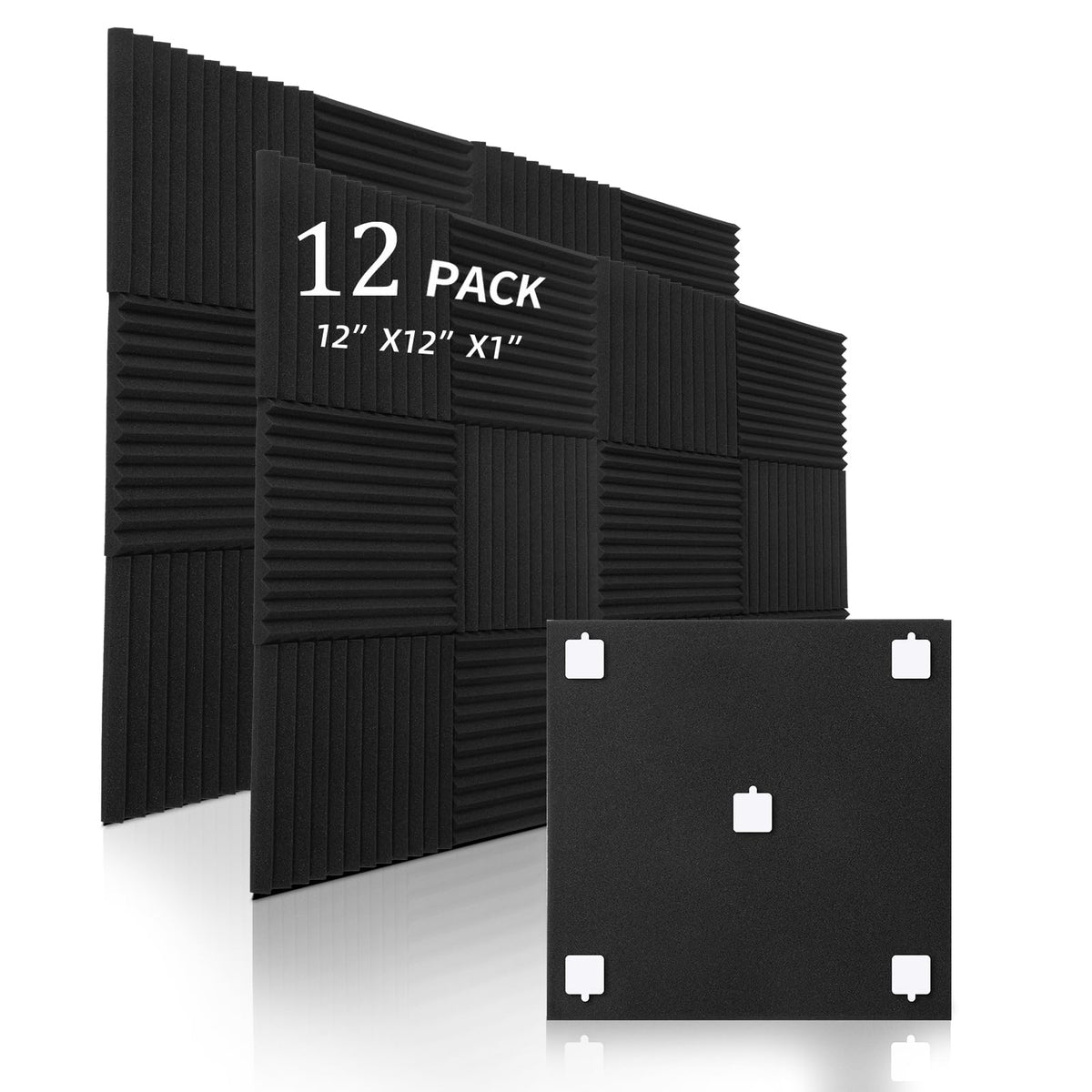12 Pack Sound Proof Foam Panels,12"×12"×1" Acoustic Foam Panels, High Density Soundproof Wall Panels for Home Office Recoding Studio,With 250PCS Adhesive Stickers (Black, 12 Pack)