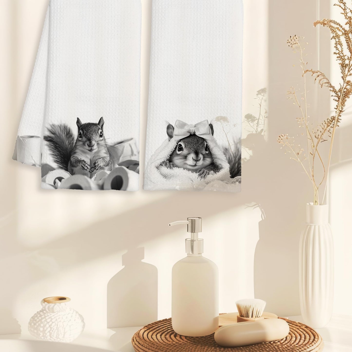 BAYOGITA Funny Squirrel Decor Bathroom Hand Towels Gifts, Gifts for Squirrel Lovers, Cute Animal Decorative Hand Towels for Kids Bathroom Washroom Restroom, 16x24 Inch Set of 2