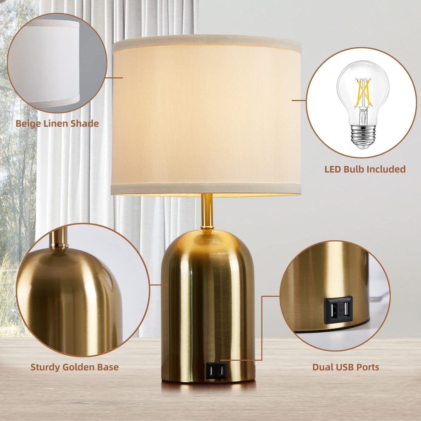 GyroVu Touch Control Table Lamps Set of 2, Gold Bedside Table Lamps for Bedroom Living Room Office, Modern Dimmable Desk Lamp for Nightstand with 2 USB Charging Ports, 2 Bulbs Included