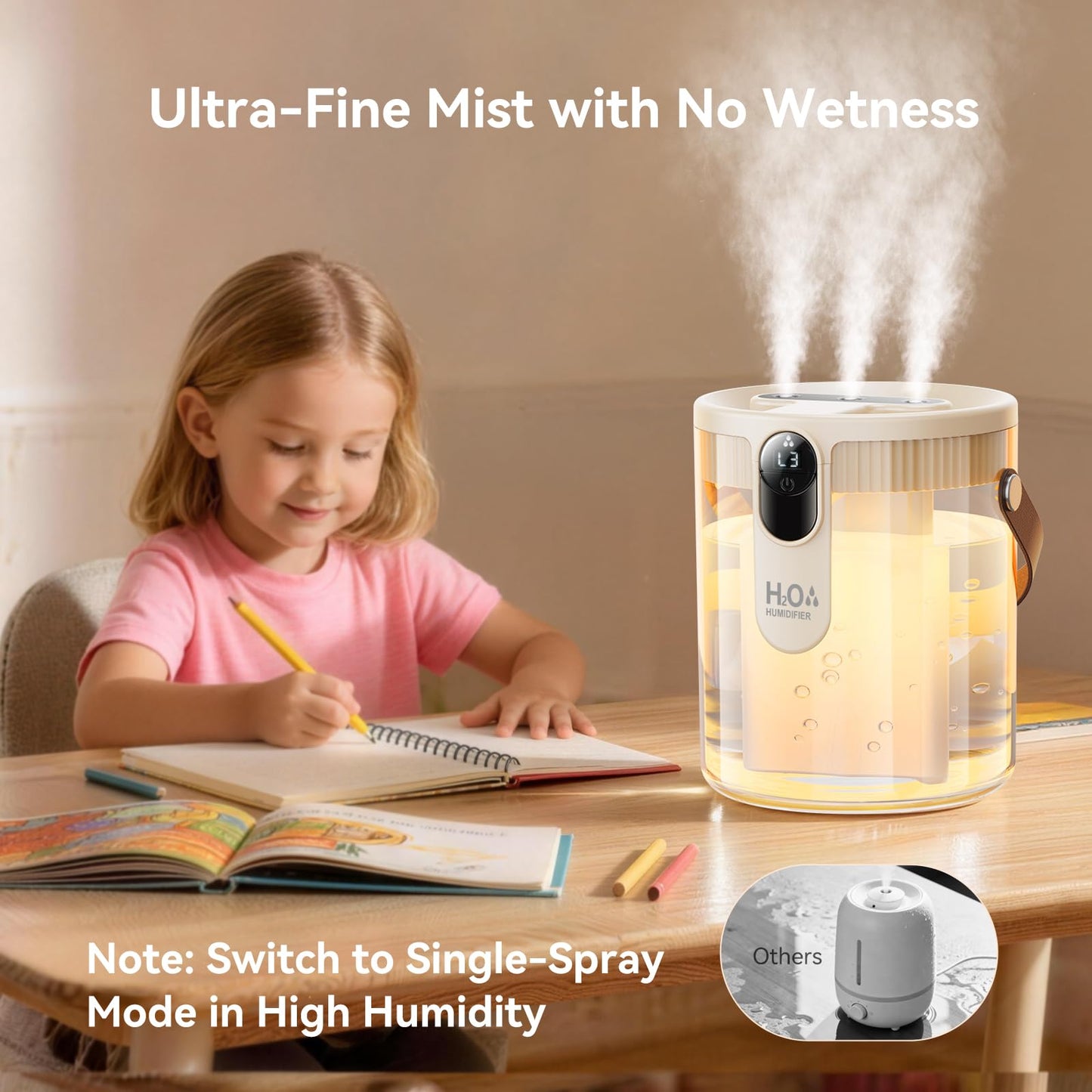 DIGIX Small Portable Humidifiers for Bedroom, 1.4L Top Fill Cool Mist Humidifier for Home Office Travel, 3 Mist Modes, Auto Shut Off, Night Light, Easy to Clean Quiet Humidifier for Baby Plant (Beige)