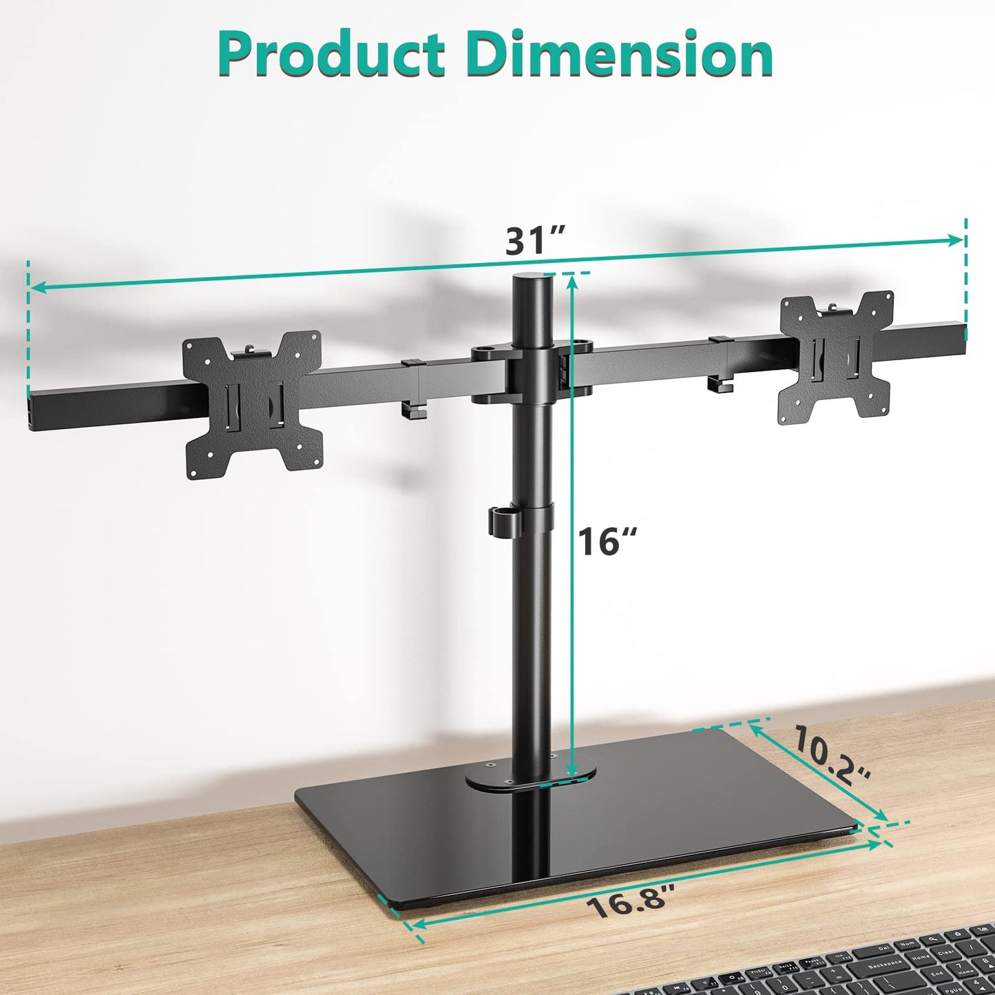 WALI Free Standing Dual Monitor Stand, Height Adjustable Monitor Mount with Glass Base, Fits LCD LED Flat Curved Screen up to 27 inch, 22lbs, with Grommet Base (GMF002)