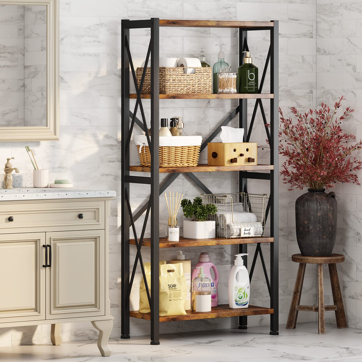 Homeiju 5-Tier Bookshelf,Wood Bookcase,Book Shelf with Steel Frame, Storage Rack with Open Shelves, Rustic Standing Bookshelves Ladder Shelf 110lbs/shelf for Bedroom,Living Room and Home Office