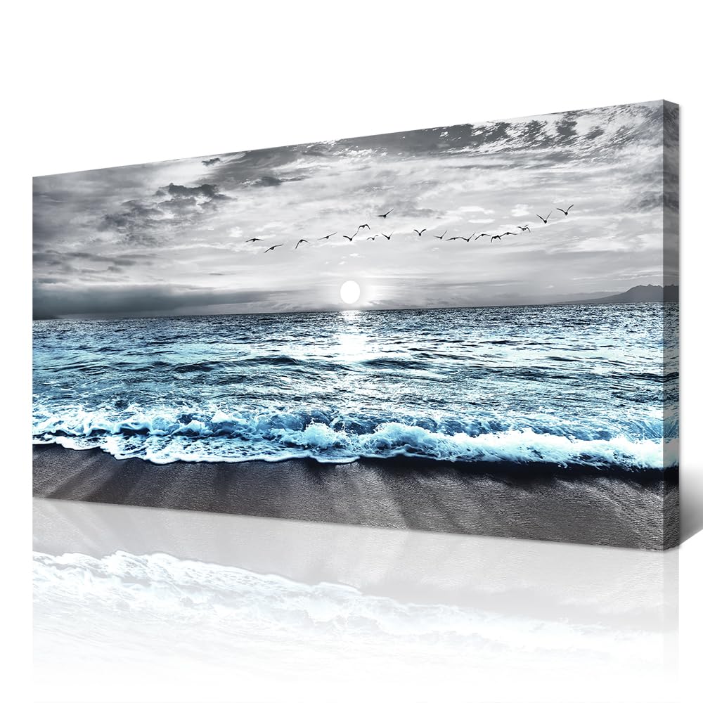 Wapluam Large Canvas Wall Art For Living Room & Bedroom Decor - Black & White Blue Sea Wave Pictures - Framed Beach Posters