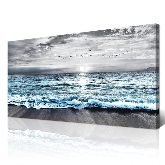 Wapluam Large Canvas Wall Art For Living Room & Bedroom Decor - Black & White Blue Sea Wave Pictures - Framed Beach Posters