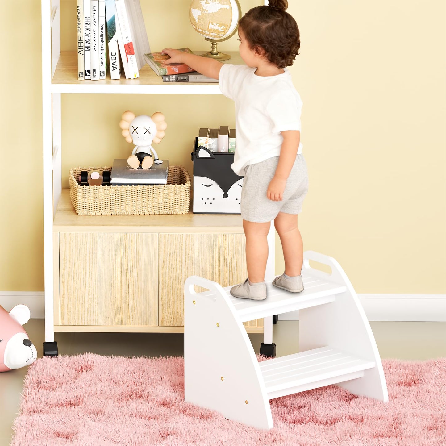 Bamboo 2 Step Stool 300lbs Capacity, Wooden Two Step Stool with Non-Slip Handles, Heavy Duty Stepping Stool for Bedside High Beds Adults, Sturdy Small Bathroom Kitchen White Step Stool